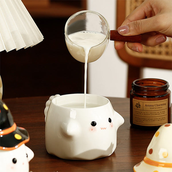 Halloween Ghost Cup with Magical Hat Lid - Pink - Black - Beige - Ceramic Craftsmanship
