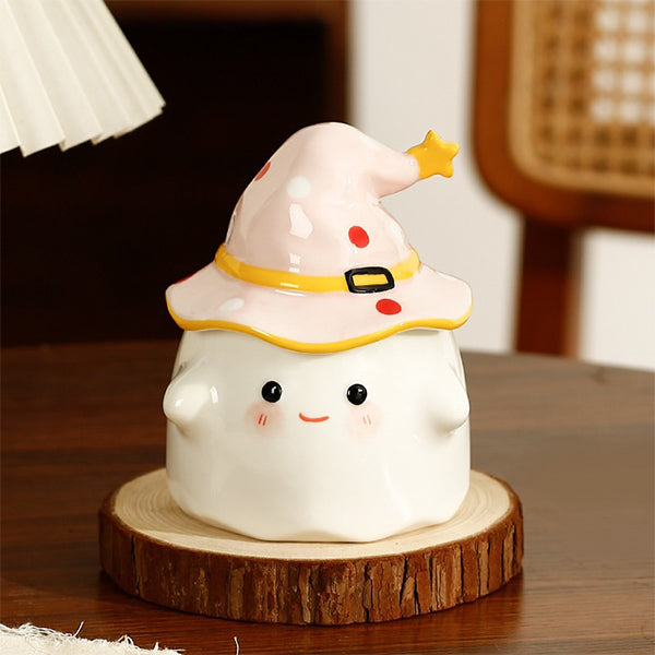 Halloween Ghost Cup with Magical Hat Lid - Pink - Black - Beige - Ceramic Craftsmanship