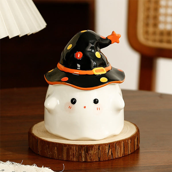 Halloween Ghost Cup with Magical Hat Lid - Pink - Black - Beige - Ceramic Craftsmanship