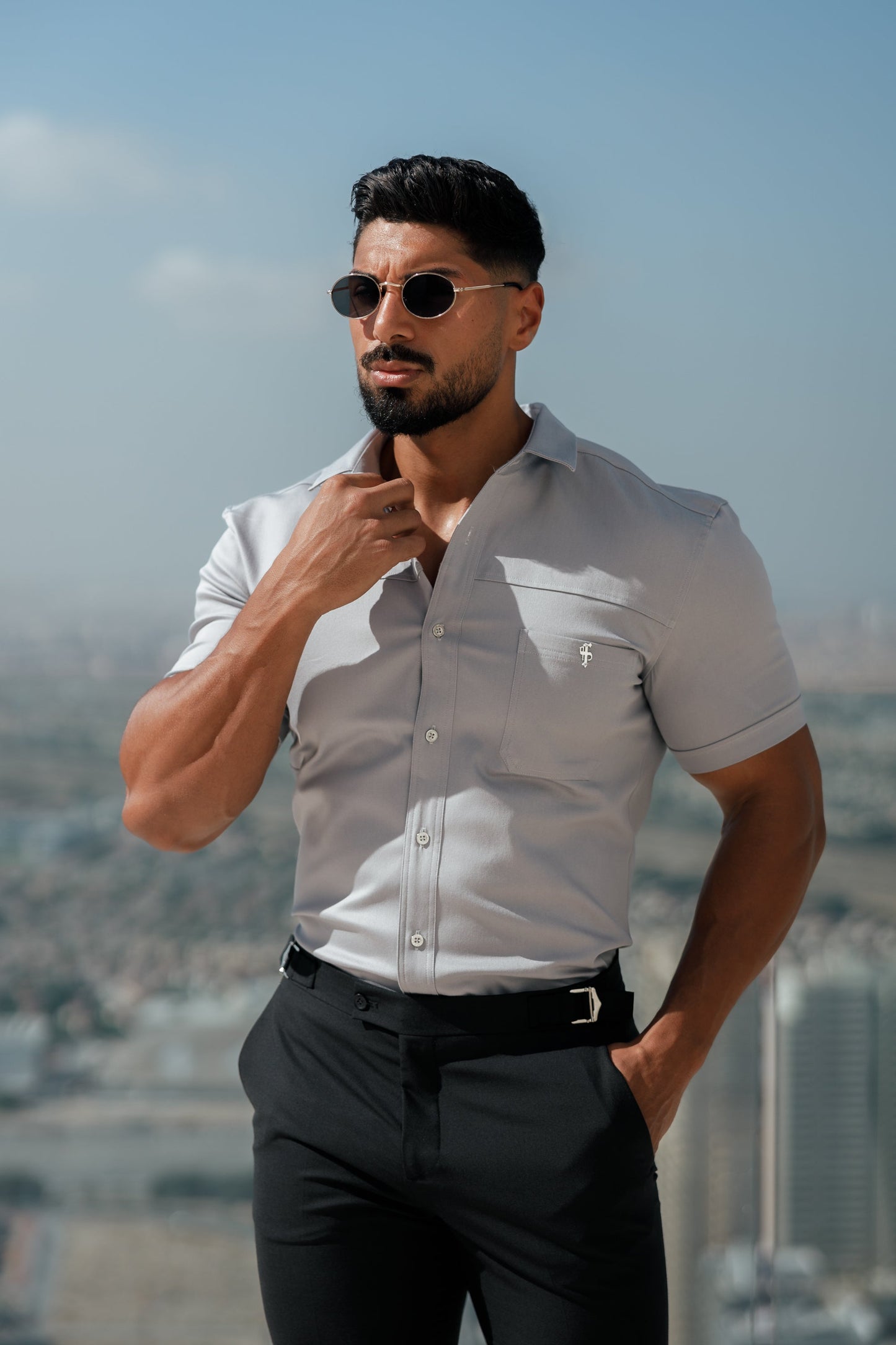 Elevate Your Style with Father Sons Super Slim Stretch Grey Denim Short Sleeve Shirt Featuring Horizontal Seam and Pocket - FS960