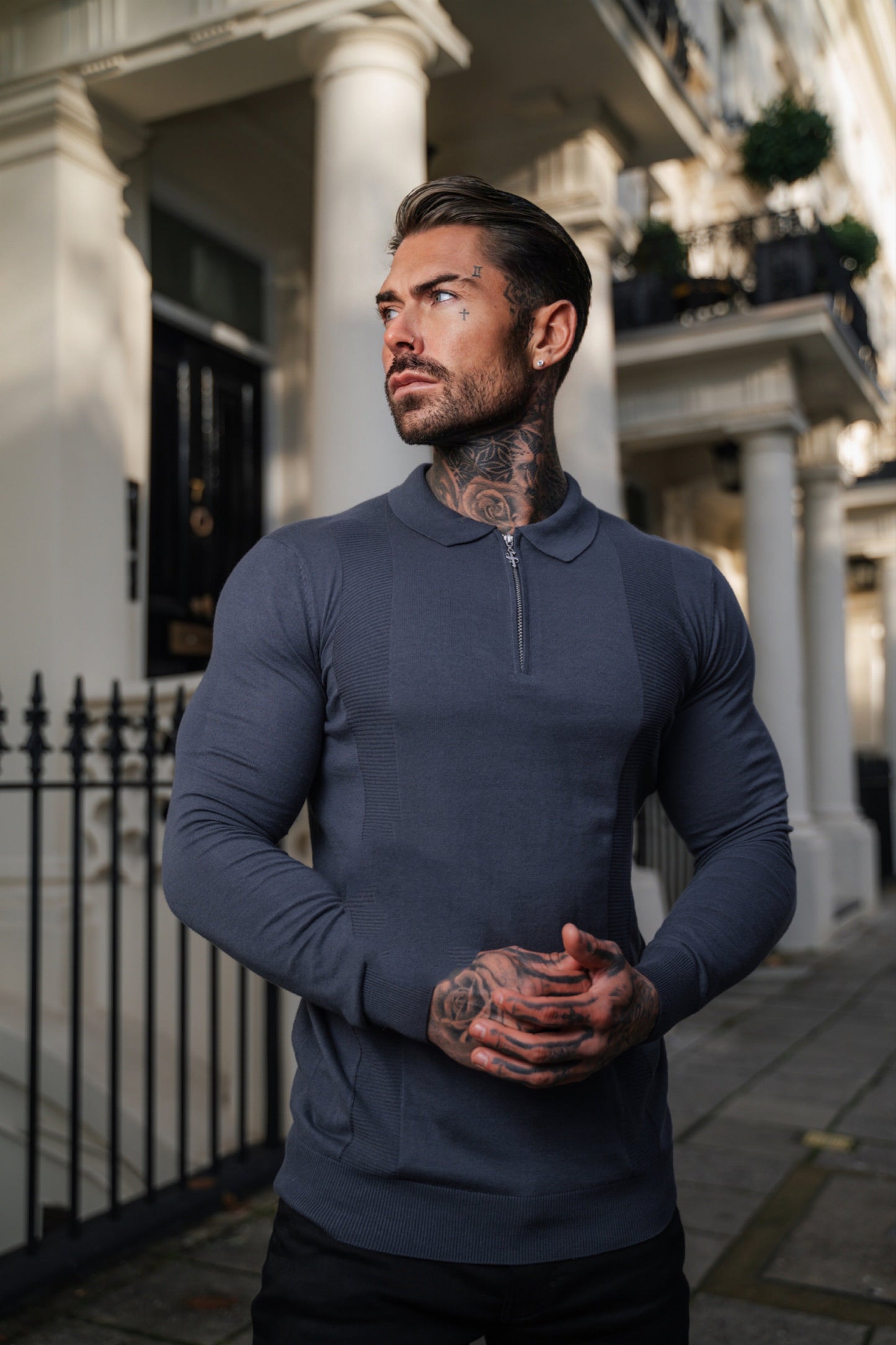 Elevate Your Wardrobe with the Father Sons Gunmetal & Silver Long Sleeve Knitted Polo Shirt - FSN128