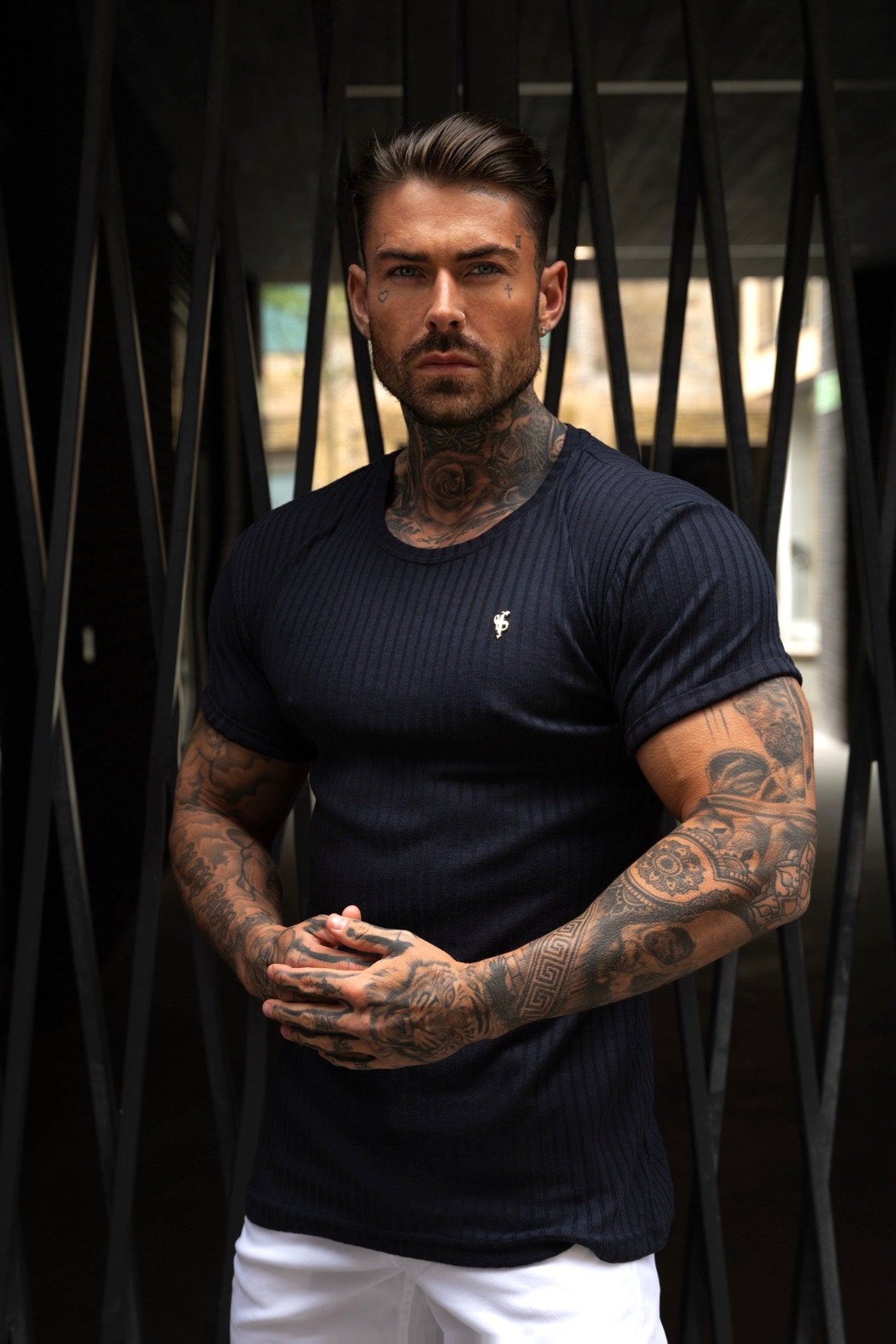 Classic Navy & Gold Ribbed Knit Super Slim Fit Short Sleeve Crew for Men - Perfect for Any Occasion!