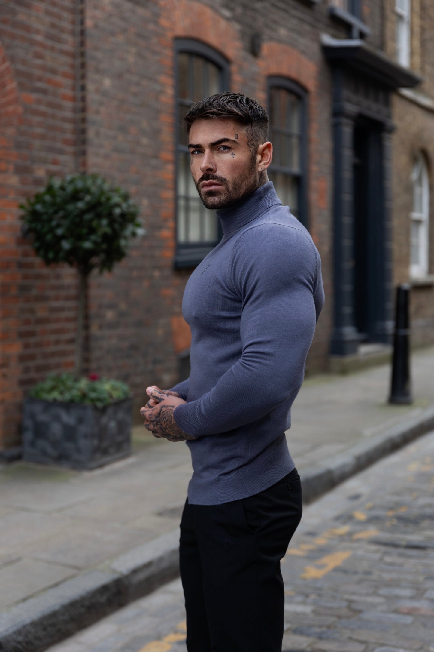 Elevate Your Style: Father Sons Classic Gunmetal Roll Neck Knit Sweater with Subtle Emblem - FSN137