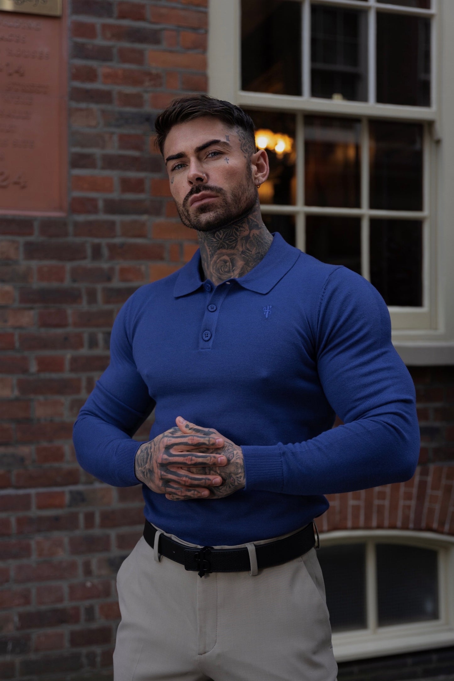 Classic Ocean Blue Knitted Long Sleeve Polo Jumper for Men with Stylish Tonal FS Embroidery - Father Sons Collection