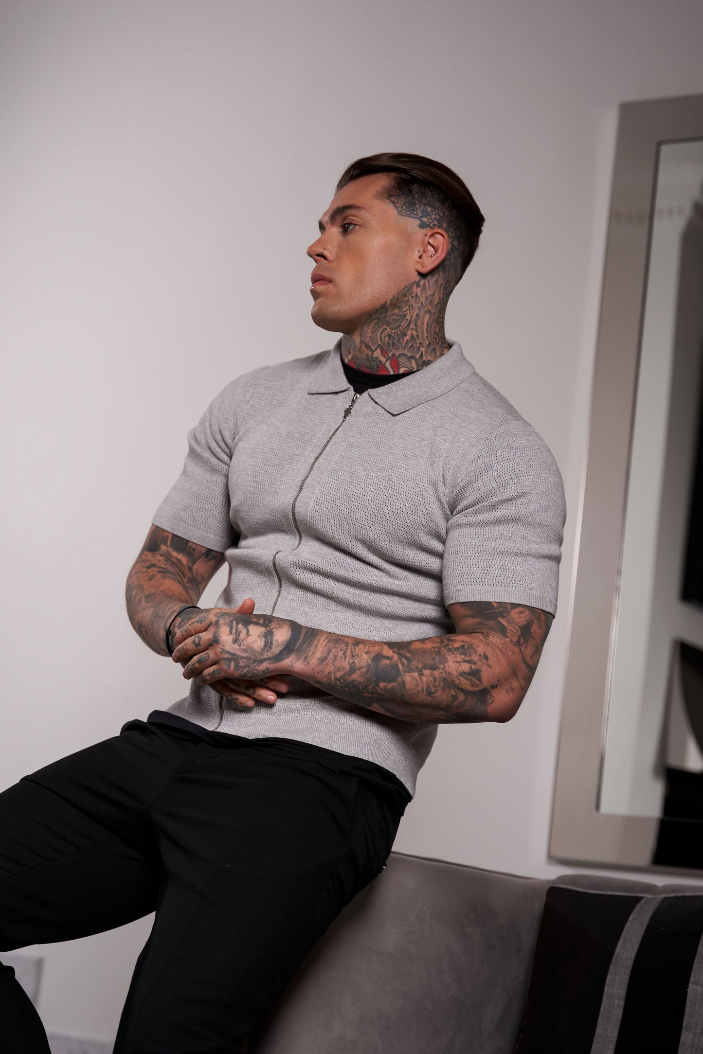 Elevate Your Wardrobe: Father Sons Light Grey Short Sleeve Knit Zip-Up with Chic Textured Design - FSN154
