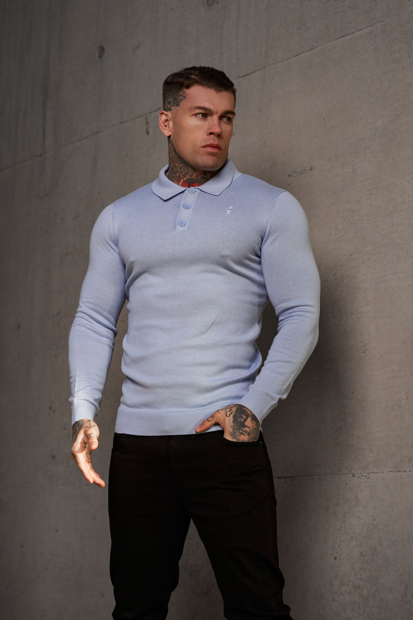 Timeless Pale Blue Knitted Polo Jumper for Men - Long Sleeve with Subtle Tonal FS Embroidery - Model FSN142