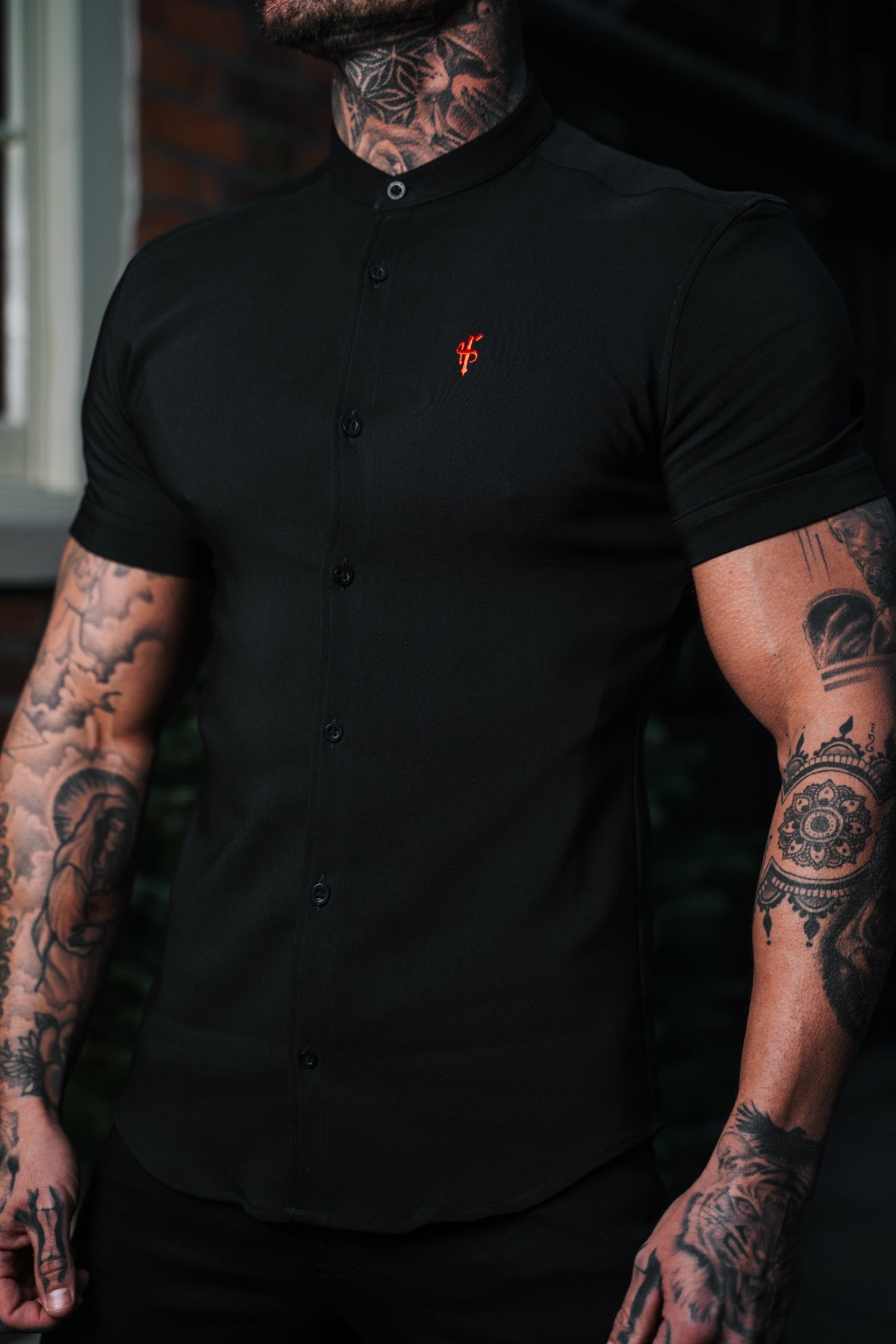 Elevate Your Style with Father Sons Super Slim Fit Black Scuba Short Sleeve Stretch Shirt Featuring a Trendy Grandad Collar - FS930