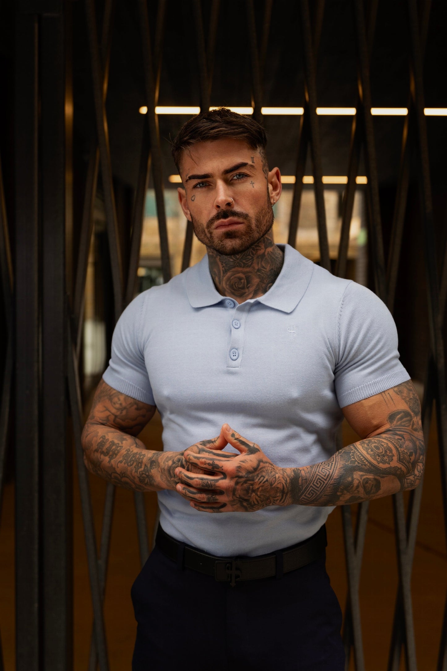 Elevate Your Wardrobe with the Father Sons Classic Pale Blue Short Sleeve Knitted Polo Jumper Featuring Elegant Tonal FS Embroidery - FSN146