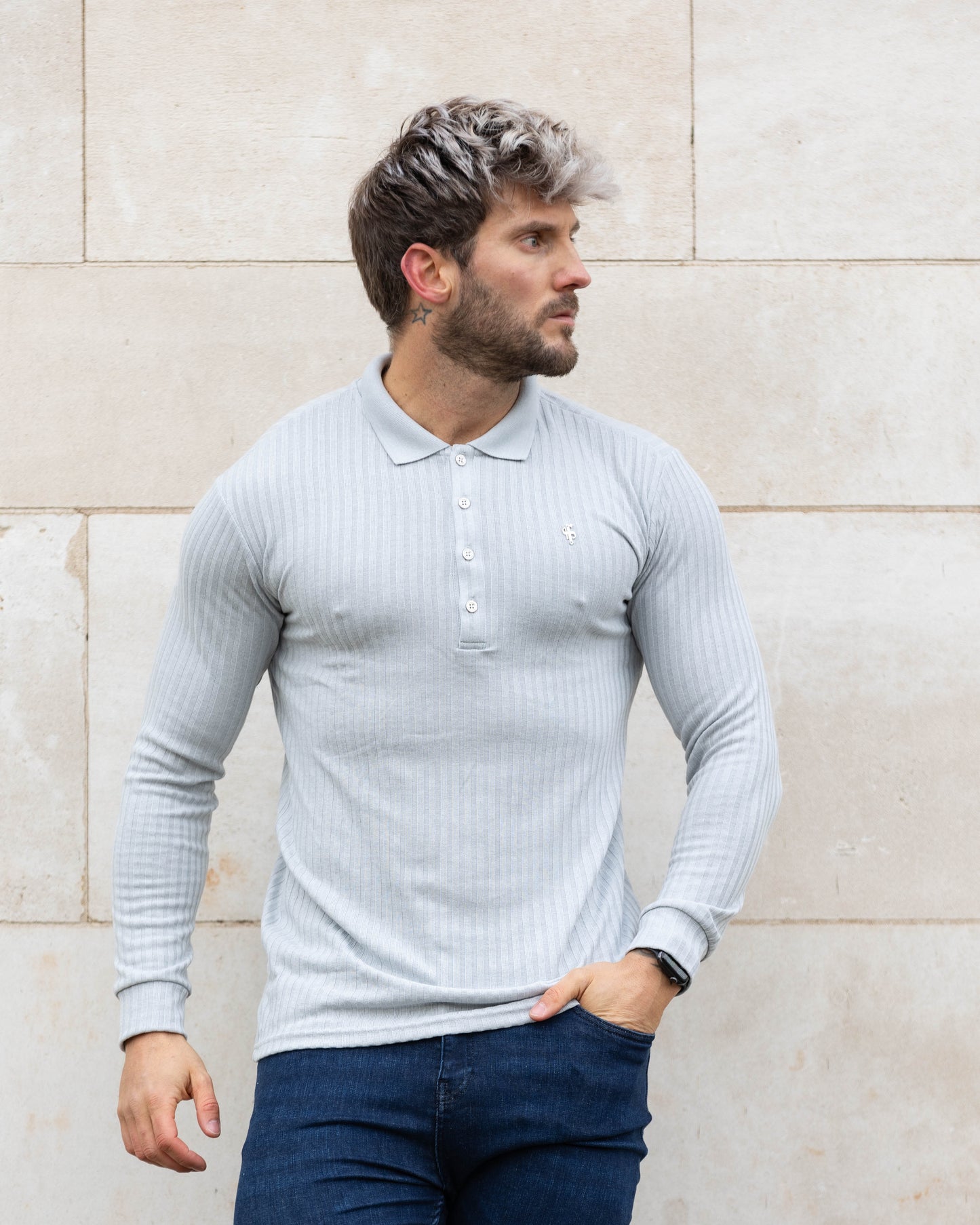 Elevate Your Style: Light Grey Ribbed Long Sleeve Polo with Silver Accent by Father Sons - FSH973
