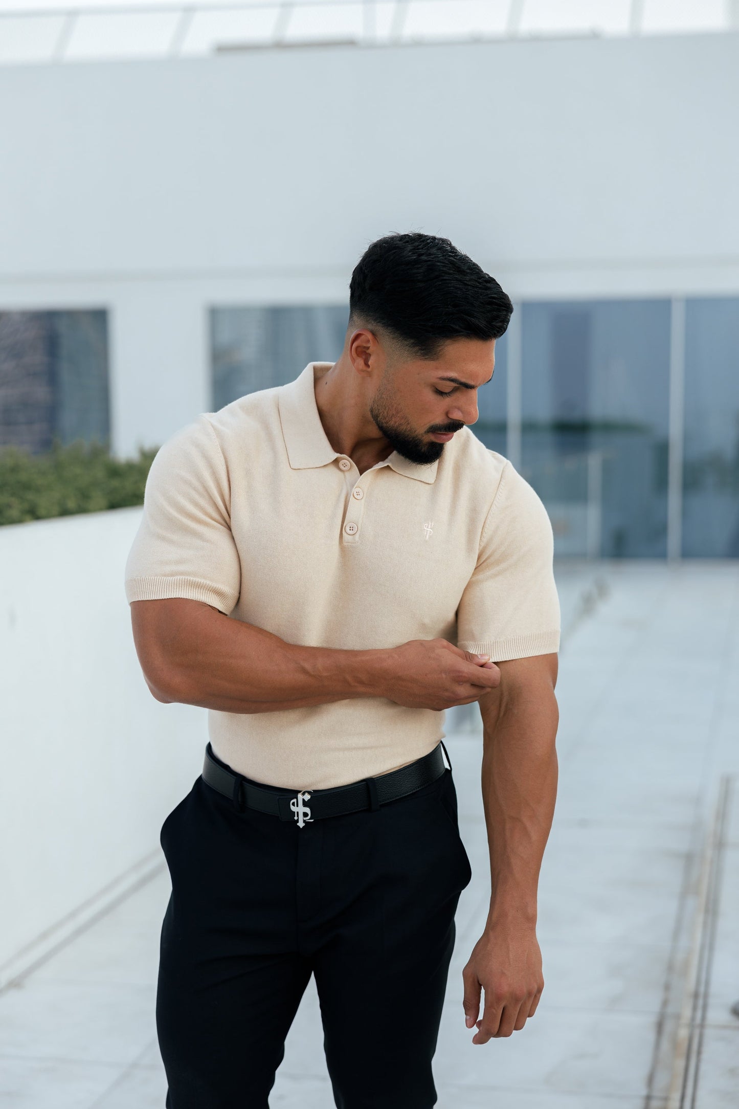 Elevate Your Wardrobe with the Father Sons Classic Beige Knitted Polo - Short Sleeve Style - FSN111