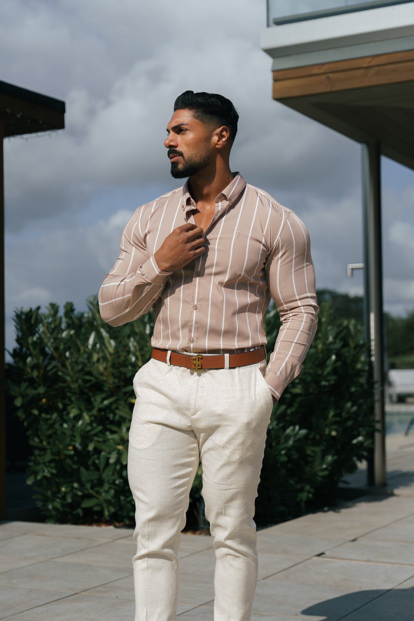 Elevate Your Style: Father Sons Super Slim Stretch Taupe Stripe Long Sleeve Shirt with Button Down Collar - FS1065