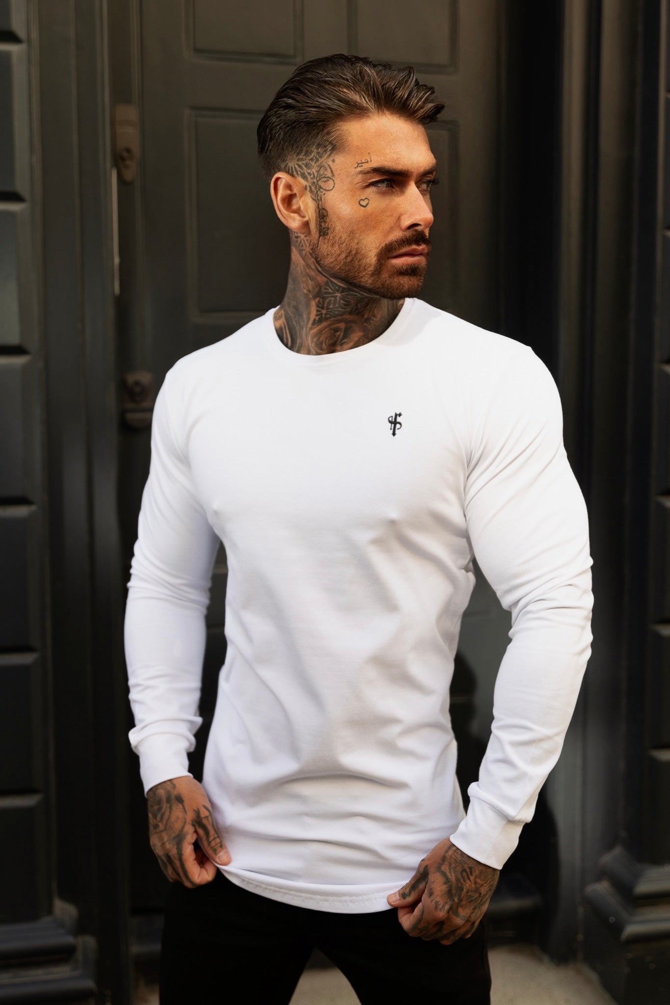 Elevate Your Style with Our Father Sons Classic Curved Hem Long Sleeve Crew T-Shirt in White/Black Tonal - FSH996