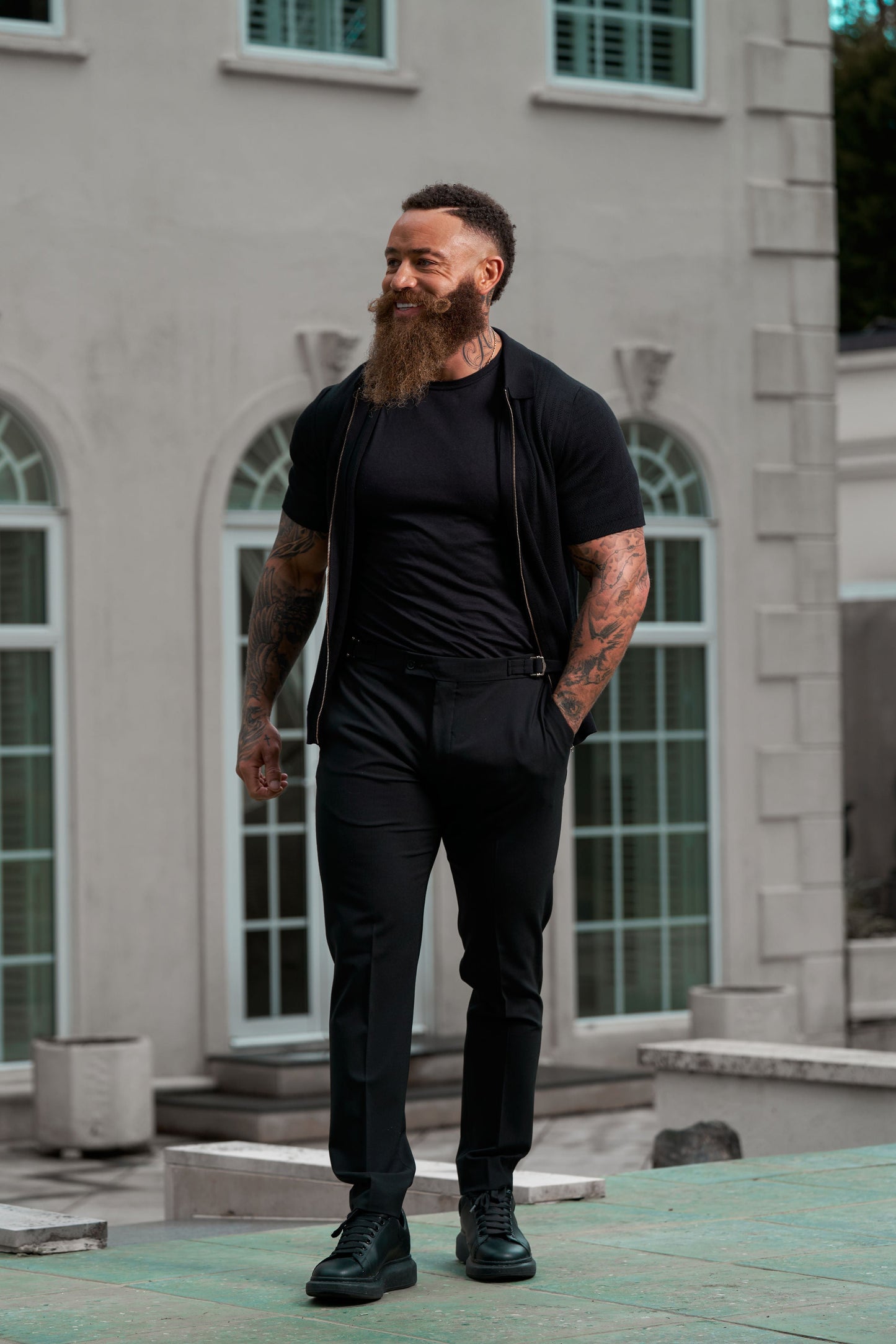 Elevate Your Style with Father Sons Slim Fit Black Stretch Trousers Featuring Luxurious Gold Waist Adjusters - FST018 (Available for Pre-Order Starting September 19th)