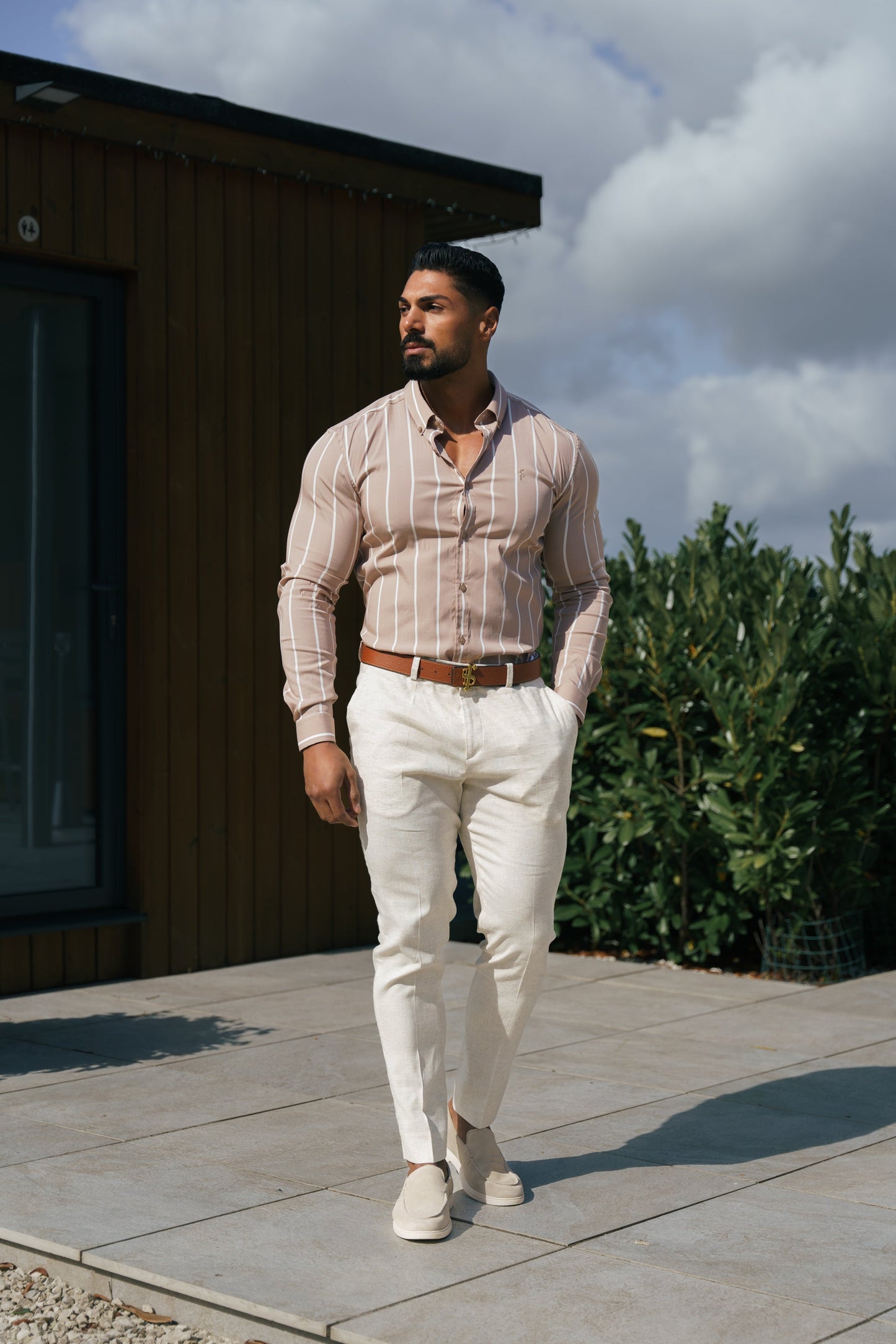 Elevate Your Style: Father Sons Super Slim Stretch Taupe Stripe Long Sleeve Shirt with Button Down Collar - FS1065