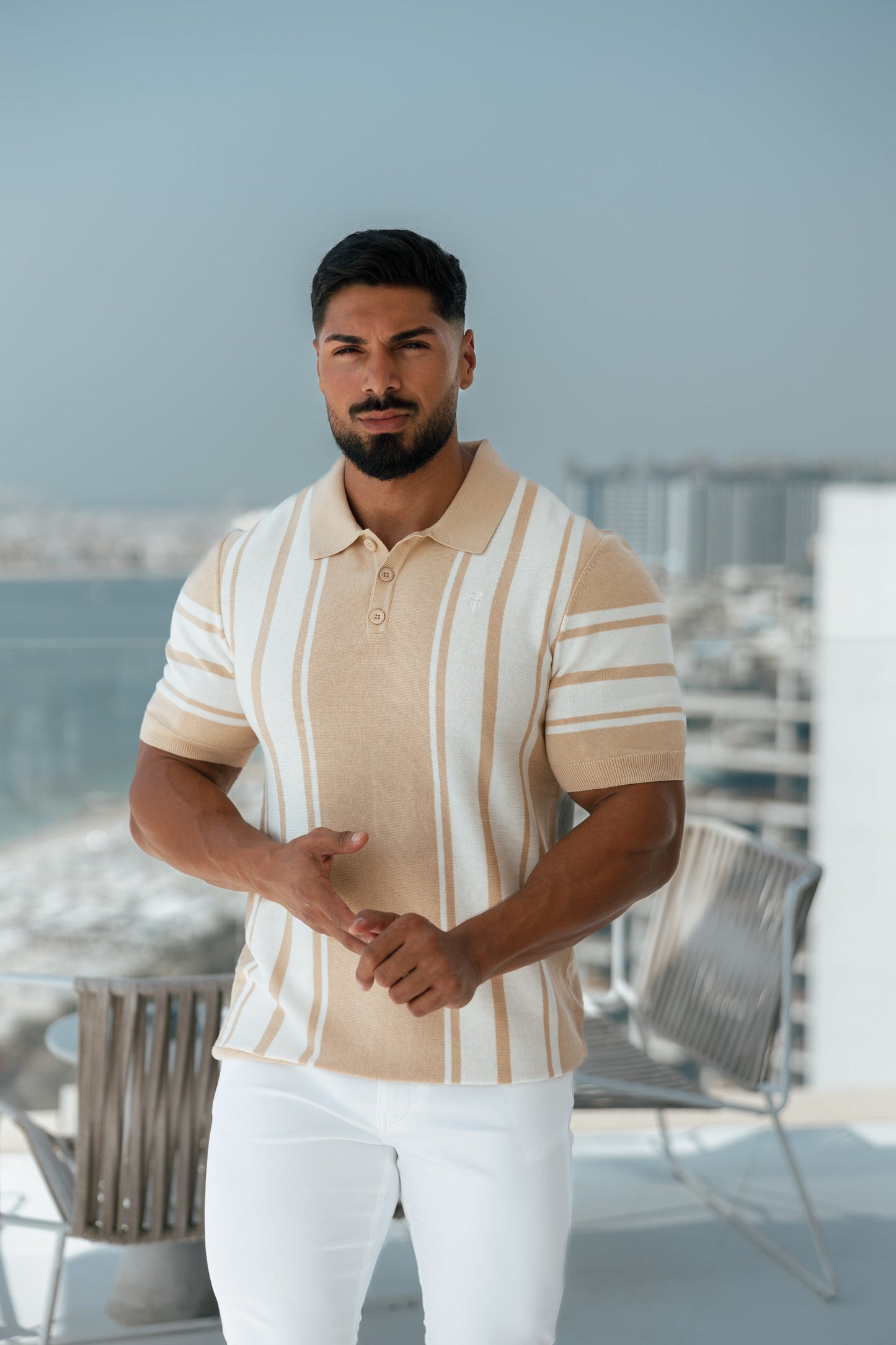 Elevate Your Wardrobe with the Father Sons Chic Beige & Off-White Vertical Stripe Knitted Polo - Short Sleeve Style!
