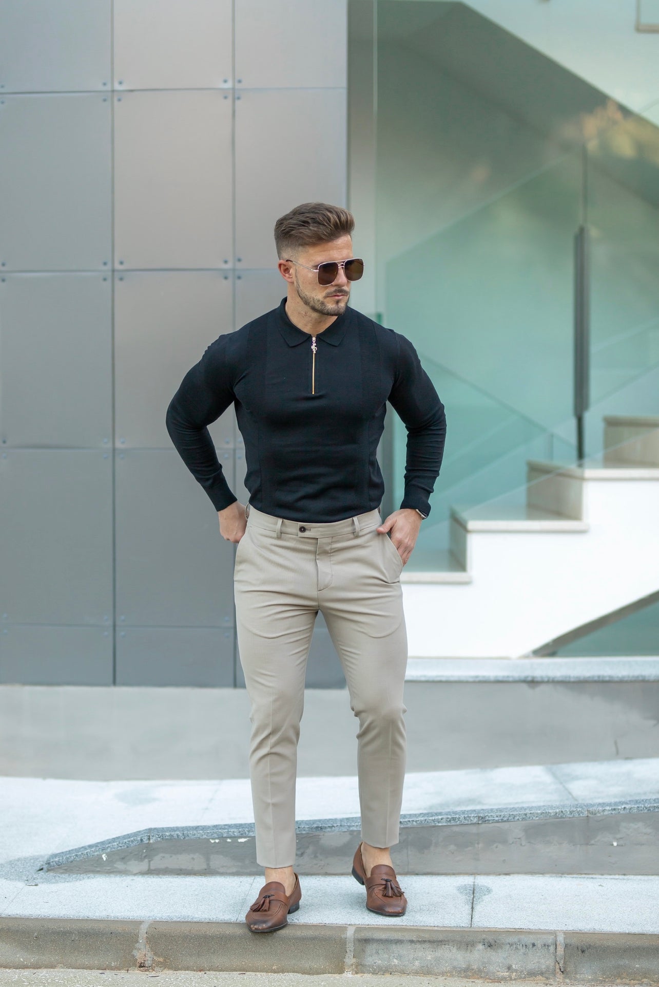 Elevate Your Wardrobe with the Father Sons Timeless Black and Gold Long Sleeve Zip Polo Shirt - FSN126