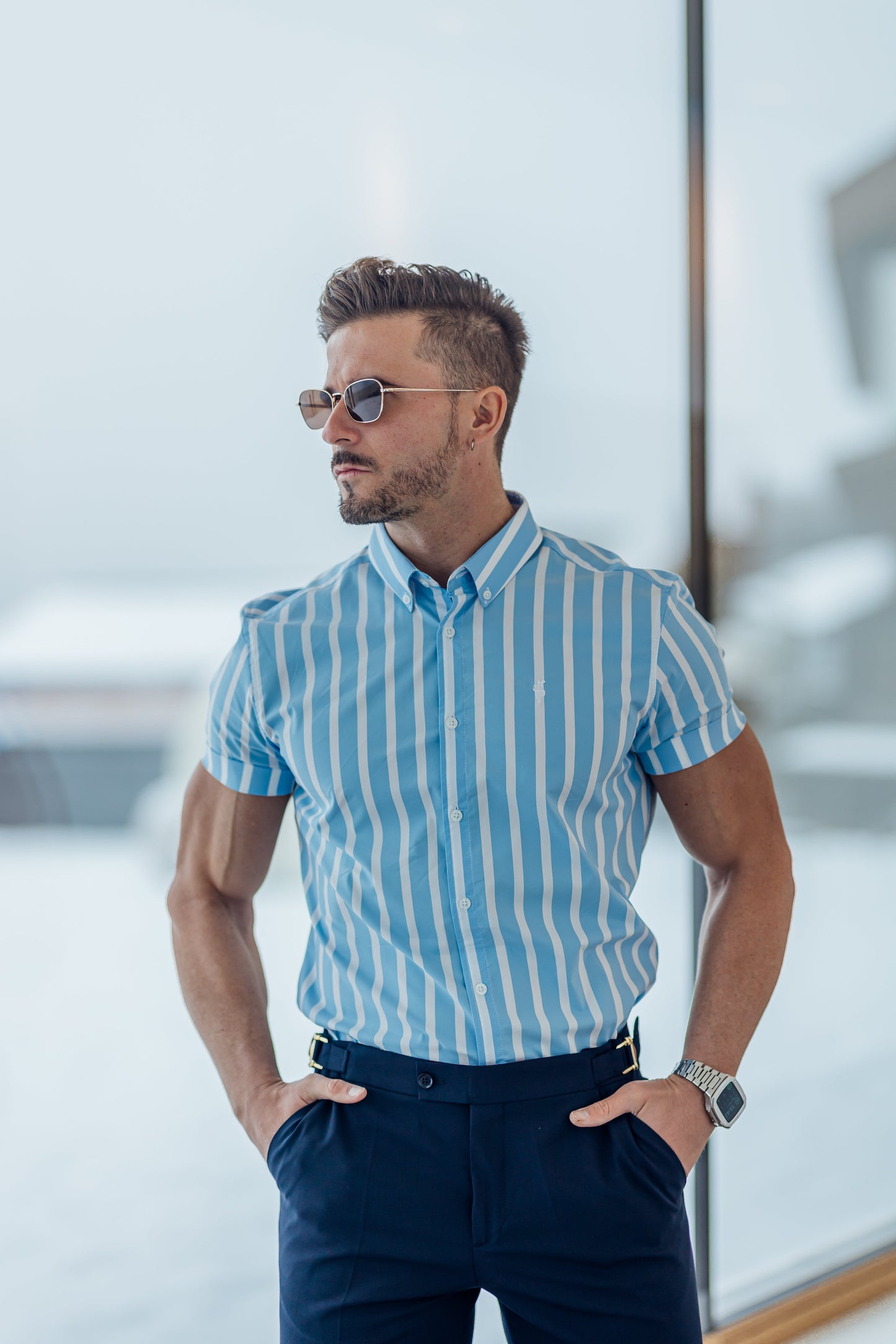 Father Sons Classic Light Blue & White Woven Stripe Short Sleeve Deckchair Shirt - FS976