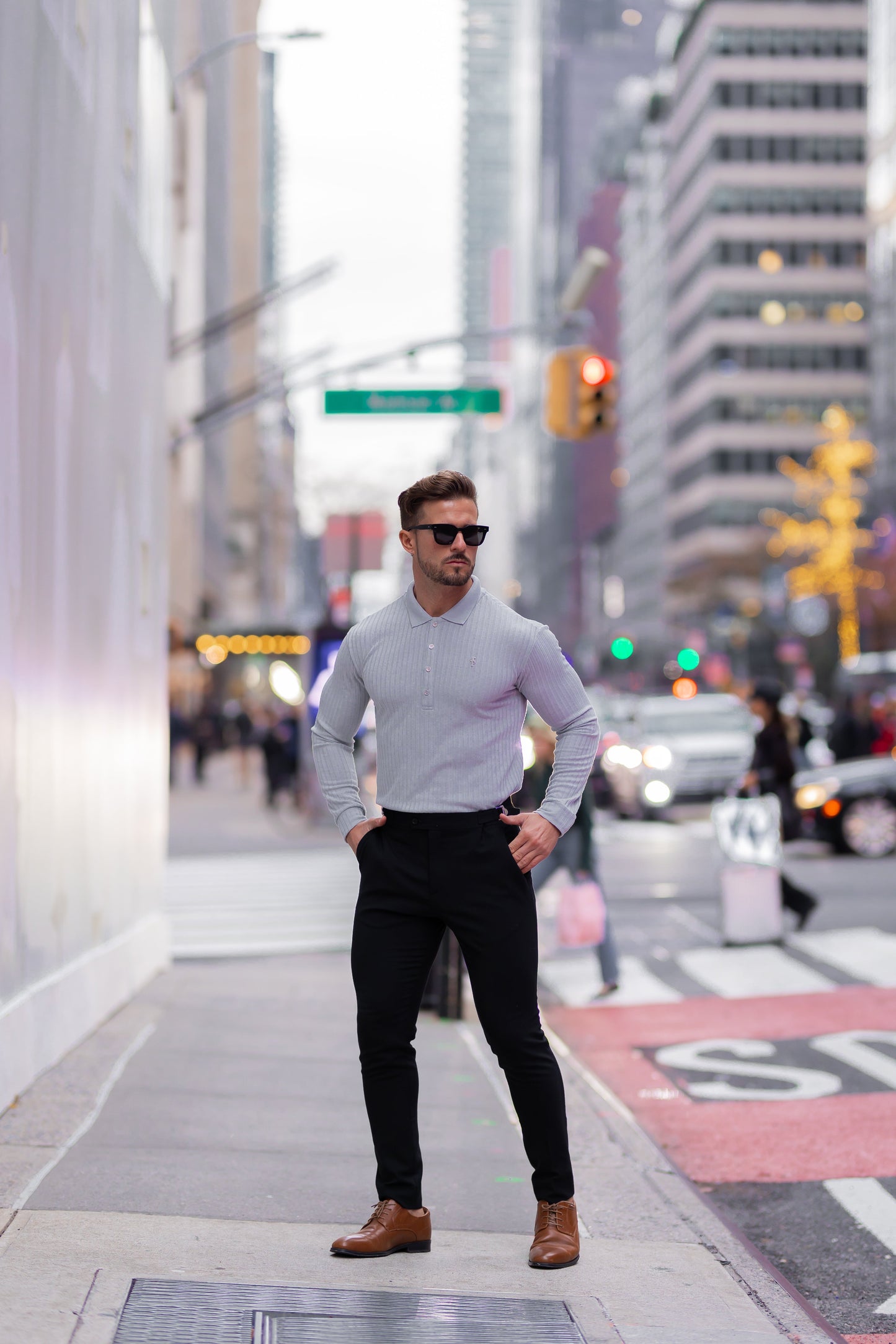 Elevate Your Style: Light Grey Ribbed Long Sleeve Polo with Silver Accent by Father Sons - FSH973