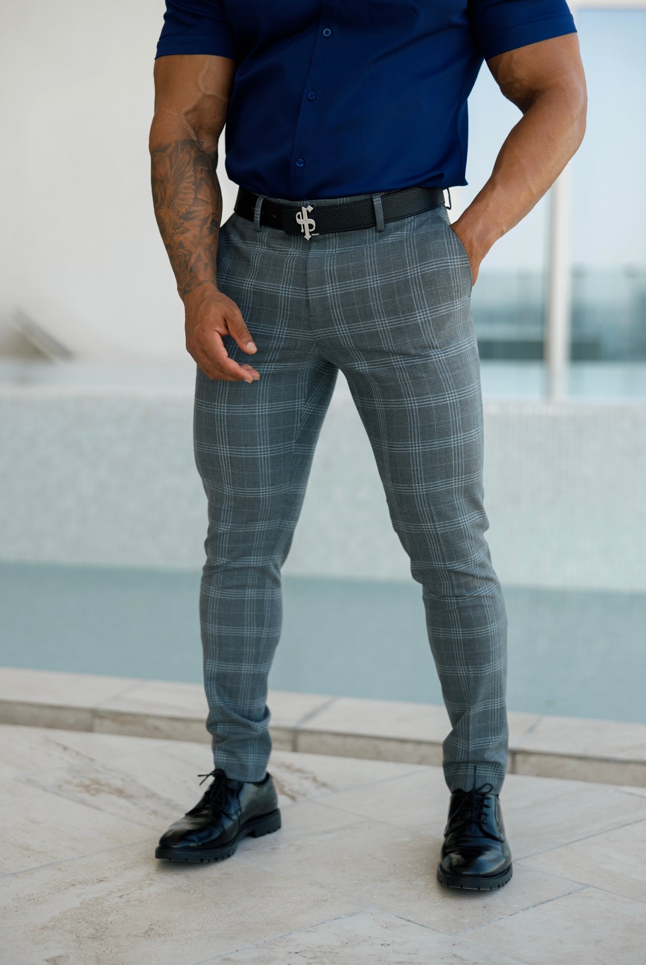 Elevate Your Style with Father Sons Slim Fit Silver Grey Check Stretch Trousers - FST005