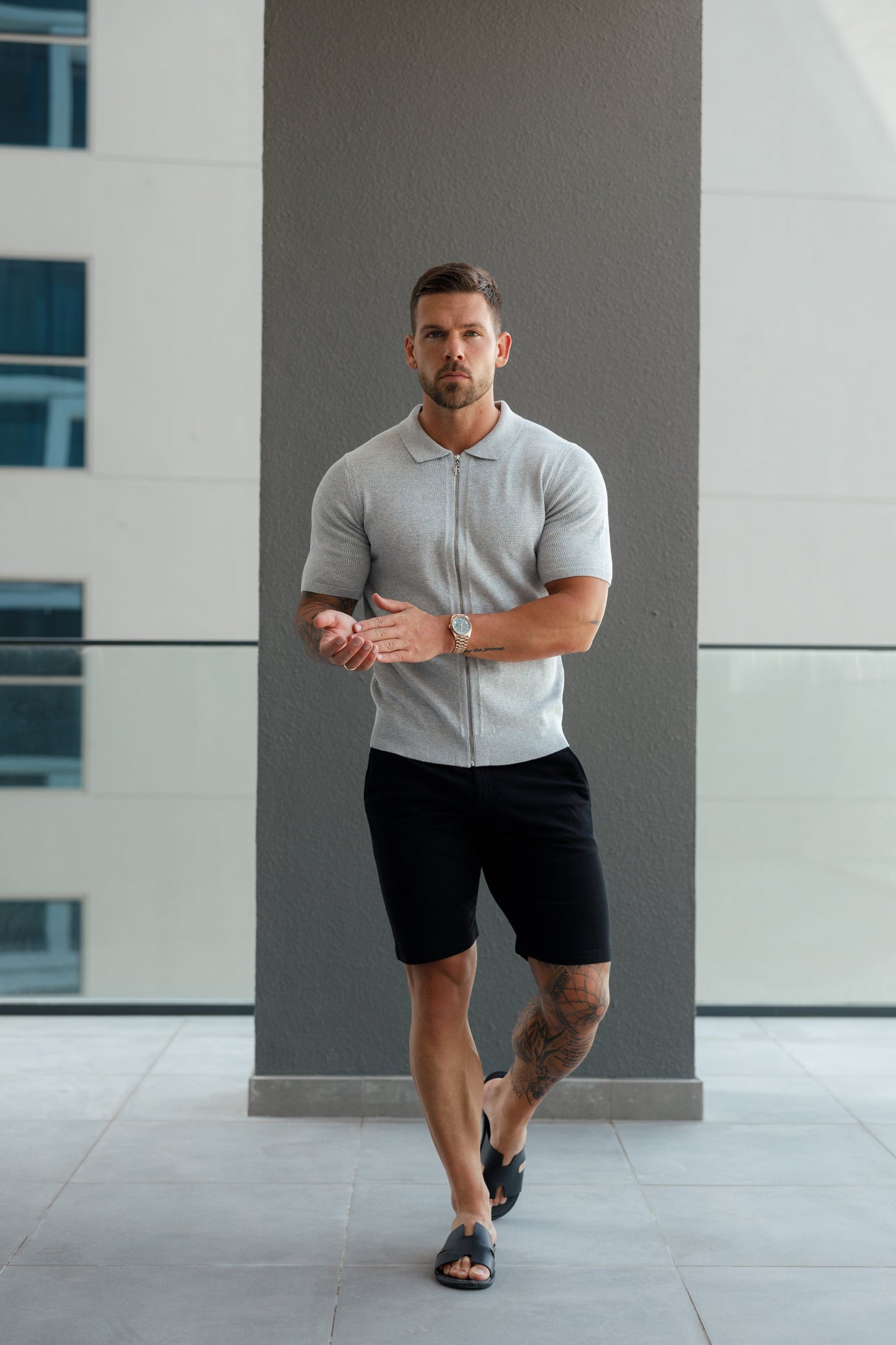 Elevate Your Wardrobe: Father Sons Light Grey Short Sleeve Knit Zip-Up with Chic Textured Design - FSN154