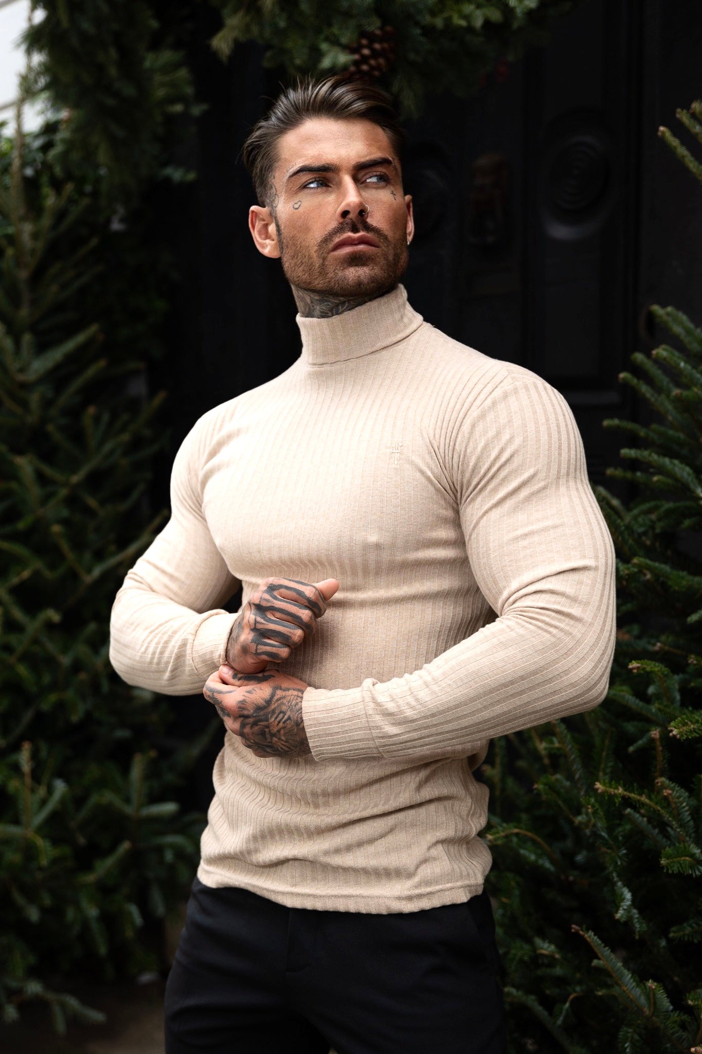 Timeless Beige Ribbed Roll-Neck Sweater for Men - FSH959 by Father Sons