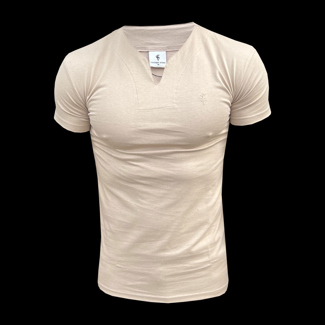 Sleek Beige V-Neck Crew Short Sleeve Tee for Men - Father Sons FS-H1016