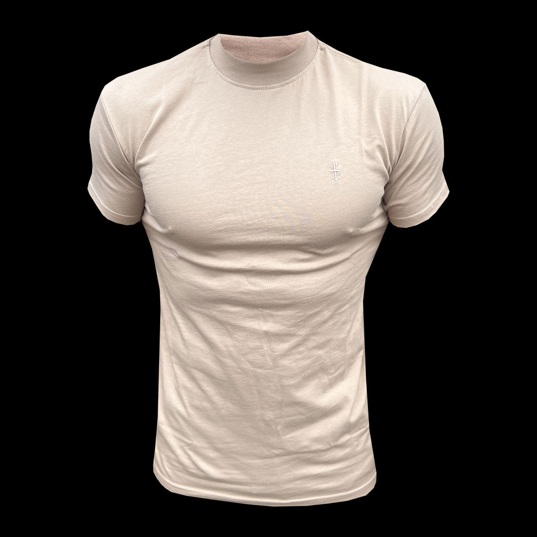 Chic Beige Ribbed High Neck Short Sleeve Top - FSH1141