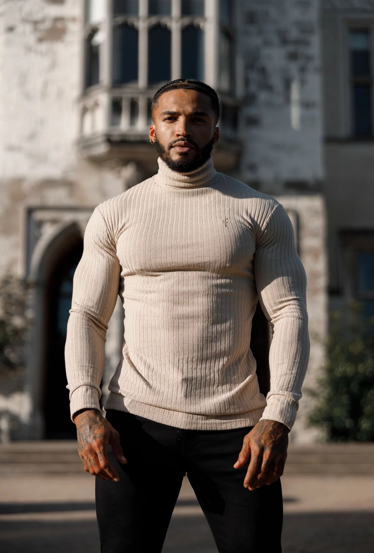 Timeless Beige Ribbed Roll-Neck Sweater for Men - FSH959 by Father Sons
