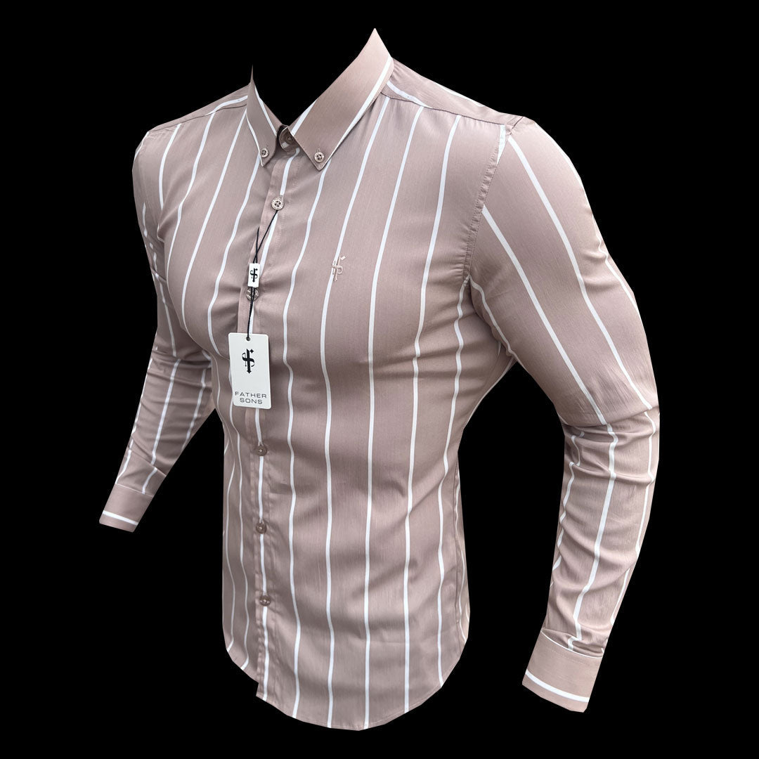 Elevate Your Style: Father Sons Super Slim Stretch Taupe Stripe Long Sleeve Shirt with Button Down Collar - FS1065
