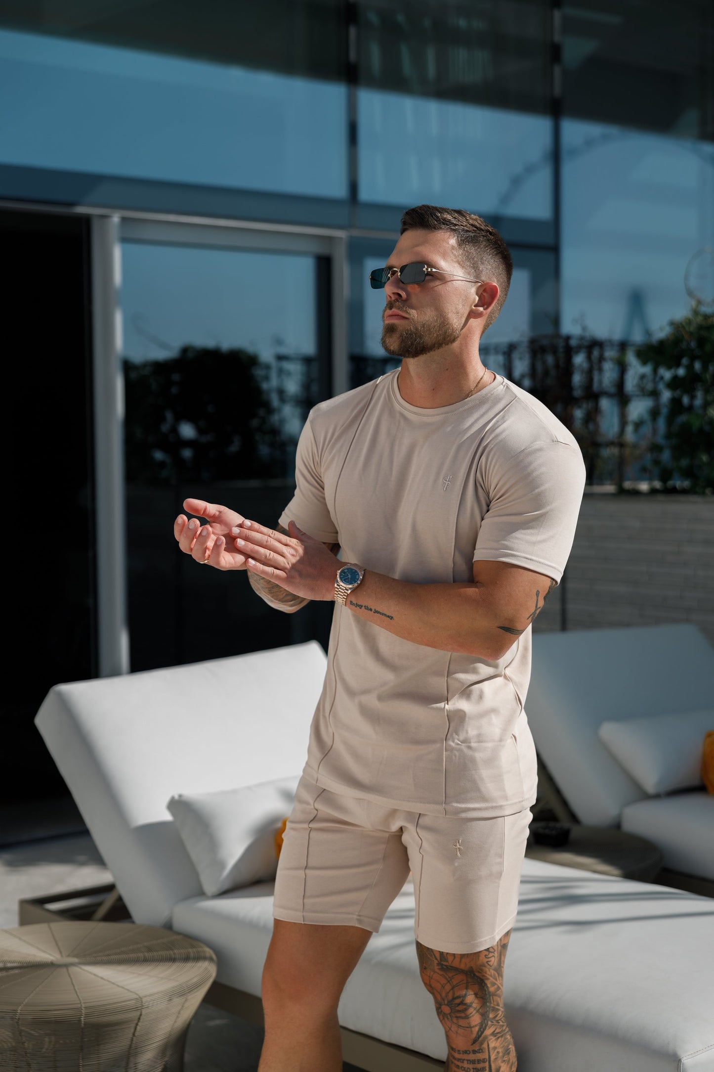 Stylish Beige Crew Neck T-Shirt with Pintuck Detail for Fathers and Sons - FSH1050
