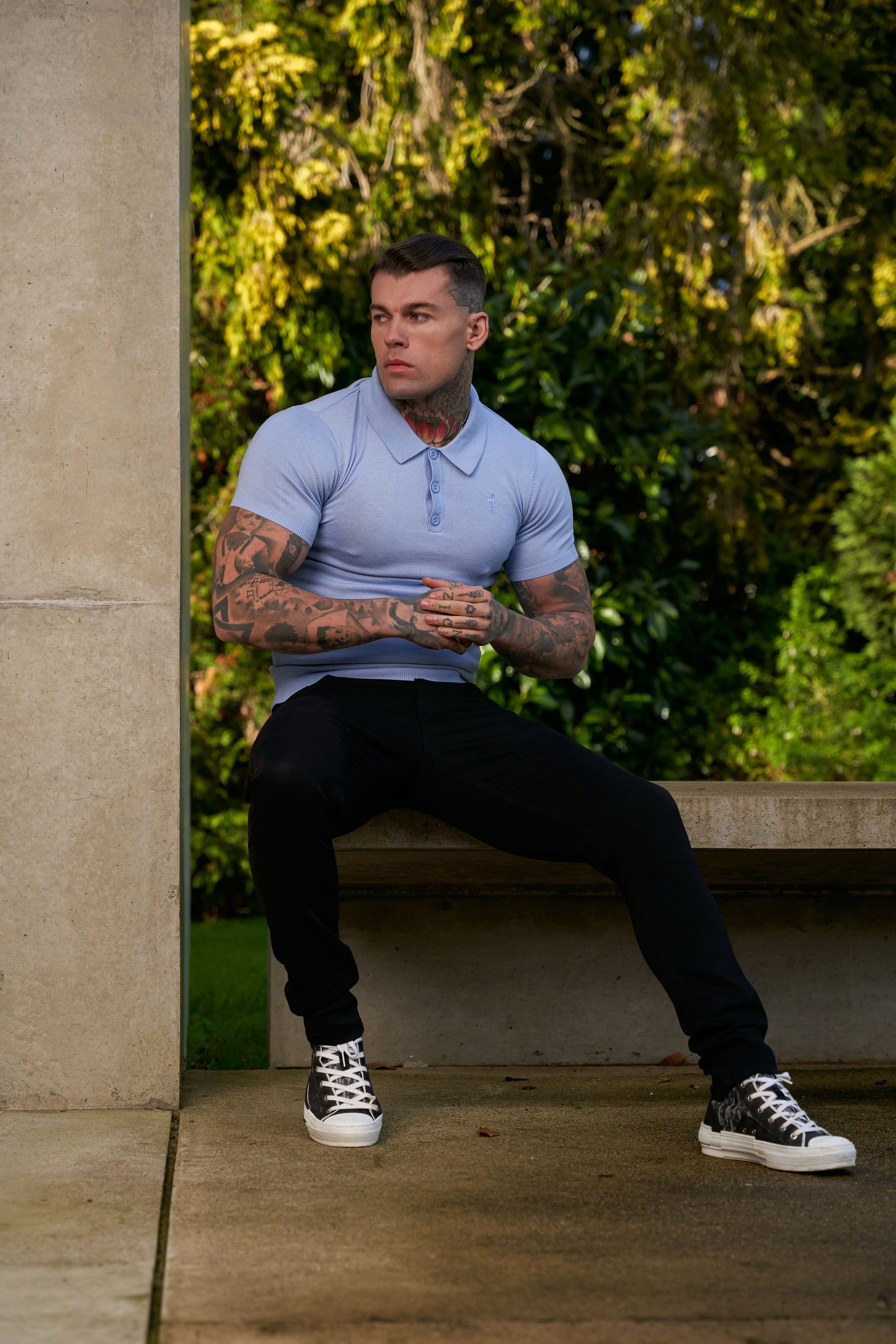Elevate Your Wardrobe with the Father Sons Classic Pale Blue Short Sleeve Knitted Polo Jumper Featuring Elegant Tonal FS Embroidery - FSN146