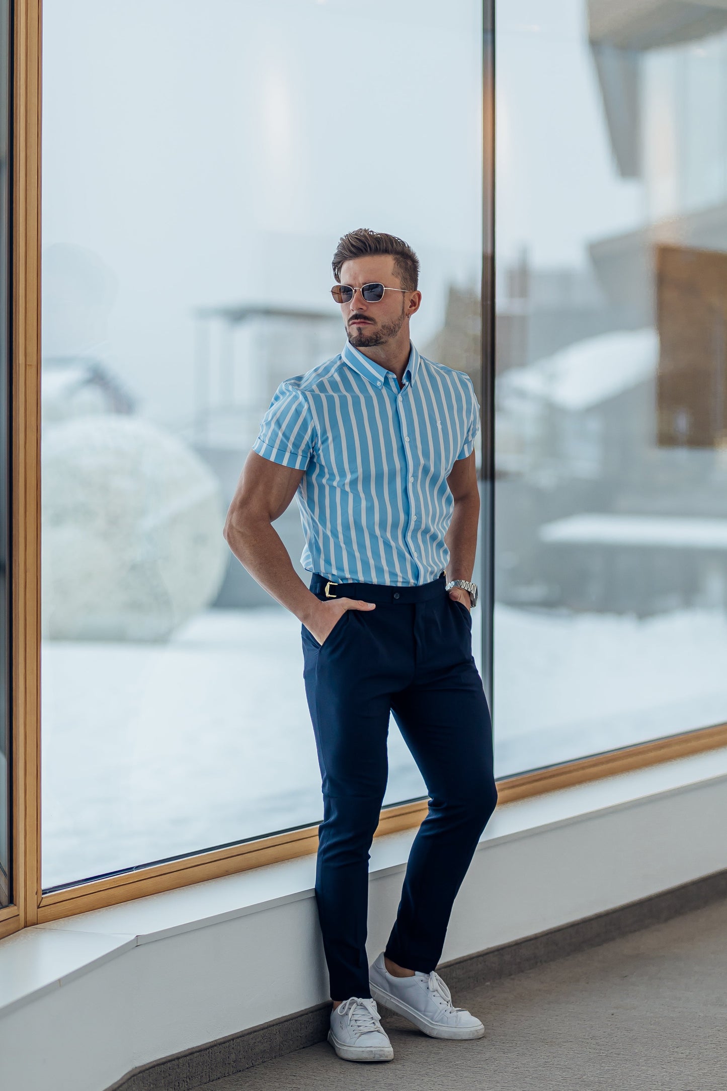 Father Sons Classic Light Blue & White Woven Stripe Short Sleeve Deckchair Shirt - FS976