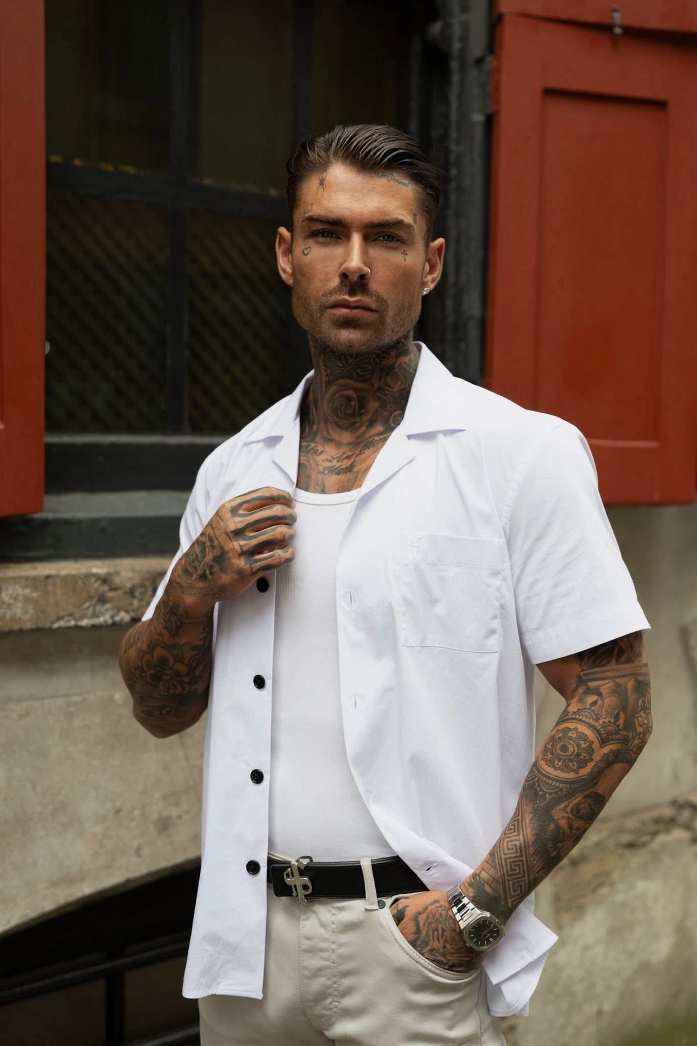 Elevate Your Style with the Father Sons White Hawaiian Short Sleeve Shirt - Boxy Fit and Chic Revere Collar with Pocket - FS1077