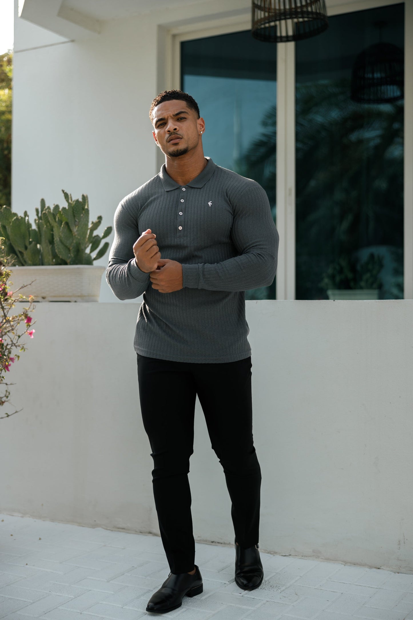 Elevate Your Style: Classic Charcoal Long Sleeve Ribbed Polo Shirt with Silver Accents by Father Sons - FSH971