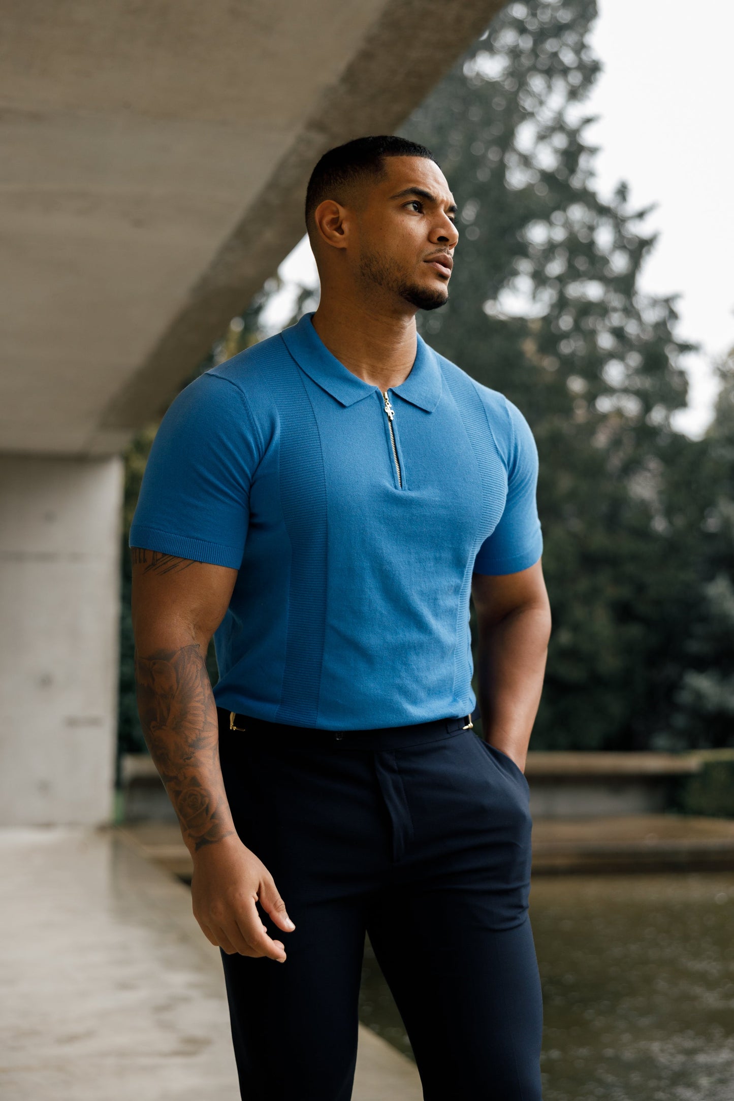 Elevate Your Style with the Father Sons Classic Mid Blue & Gold Short Sleeve Zip Polo Shirt - FSN134