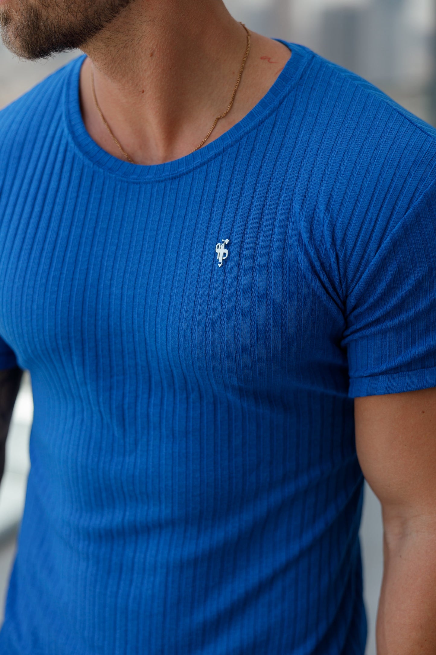 Elevate Your Style: Father Sons Royal Blue & Silver Ribbed Super Slim Fit Short Sleeve Crew - FSH1091