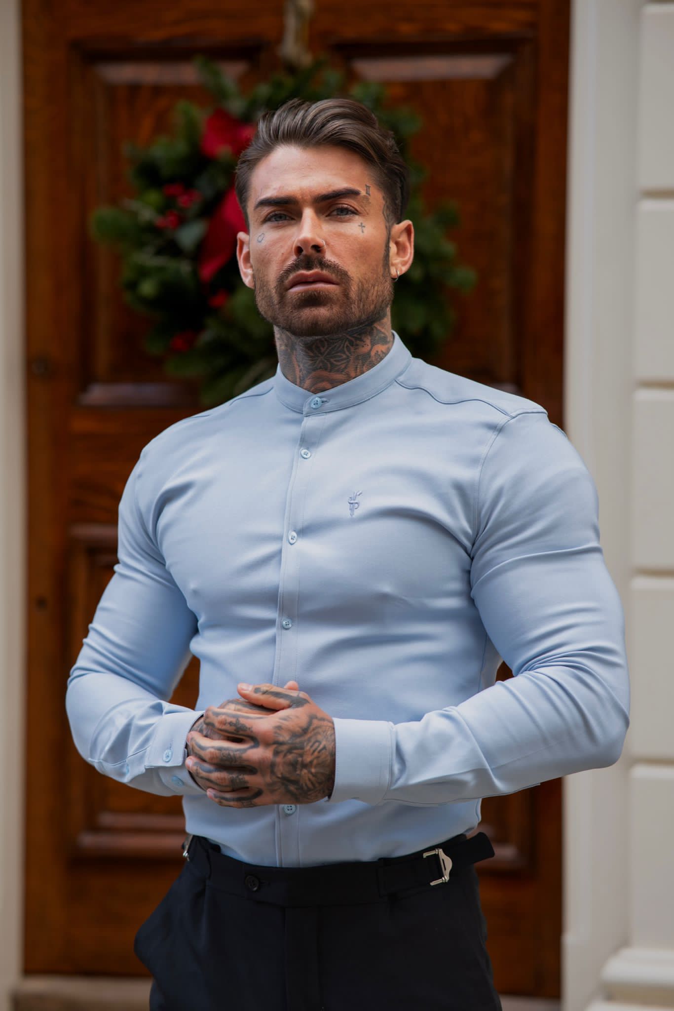 Elevate Your Style with Father Sons Super Slim Light Blue Scuba Stretch Long Sleeve Shirt featuring a Trendy Grandad Collar - FS1002