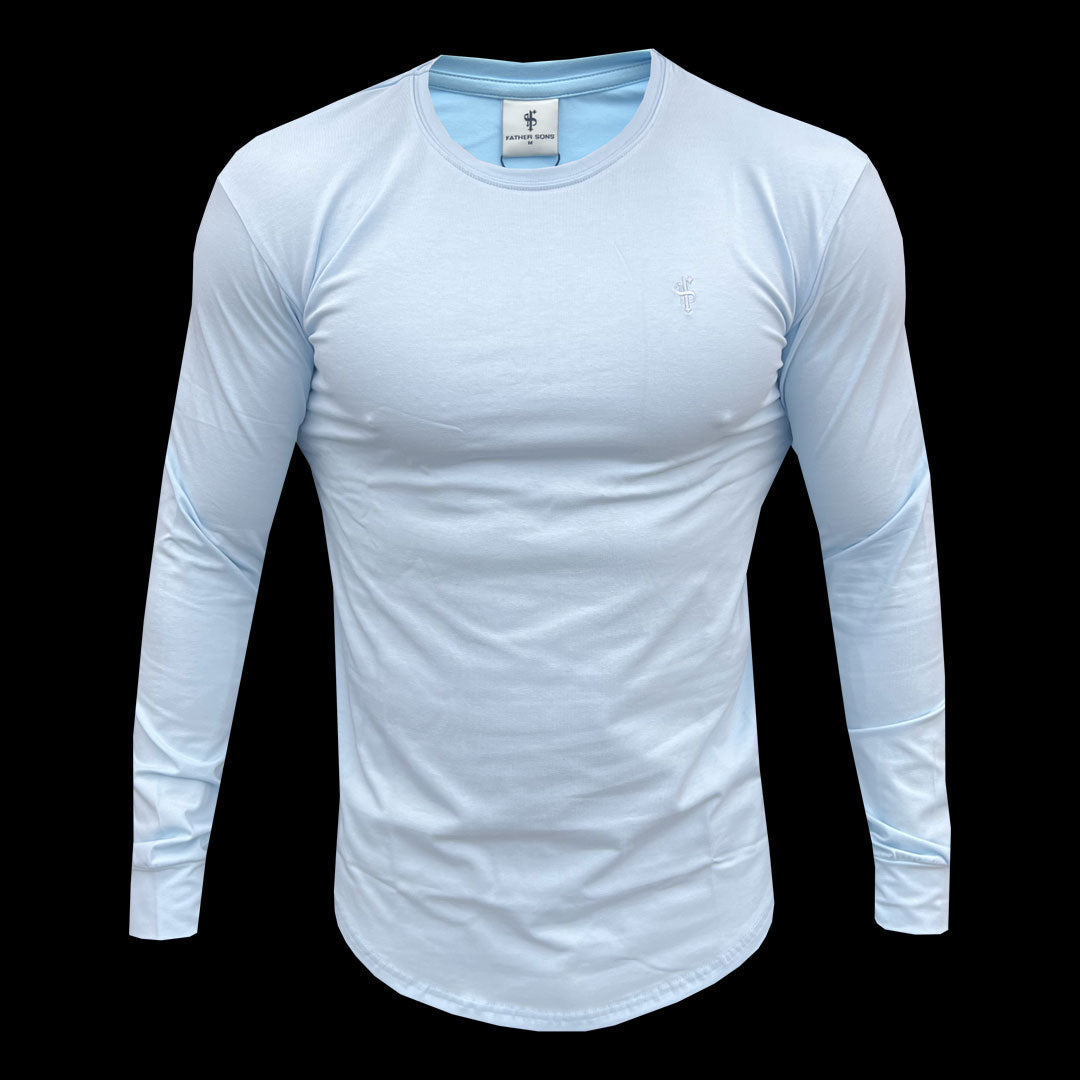 Elevate Your Style with the Father Sons Baby Blue Tonal Curved Hem Long Sleeve Crew Tee - FSH999