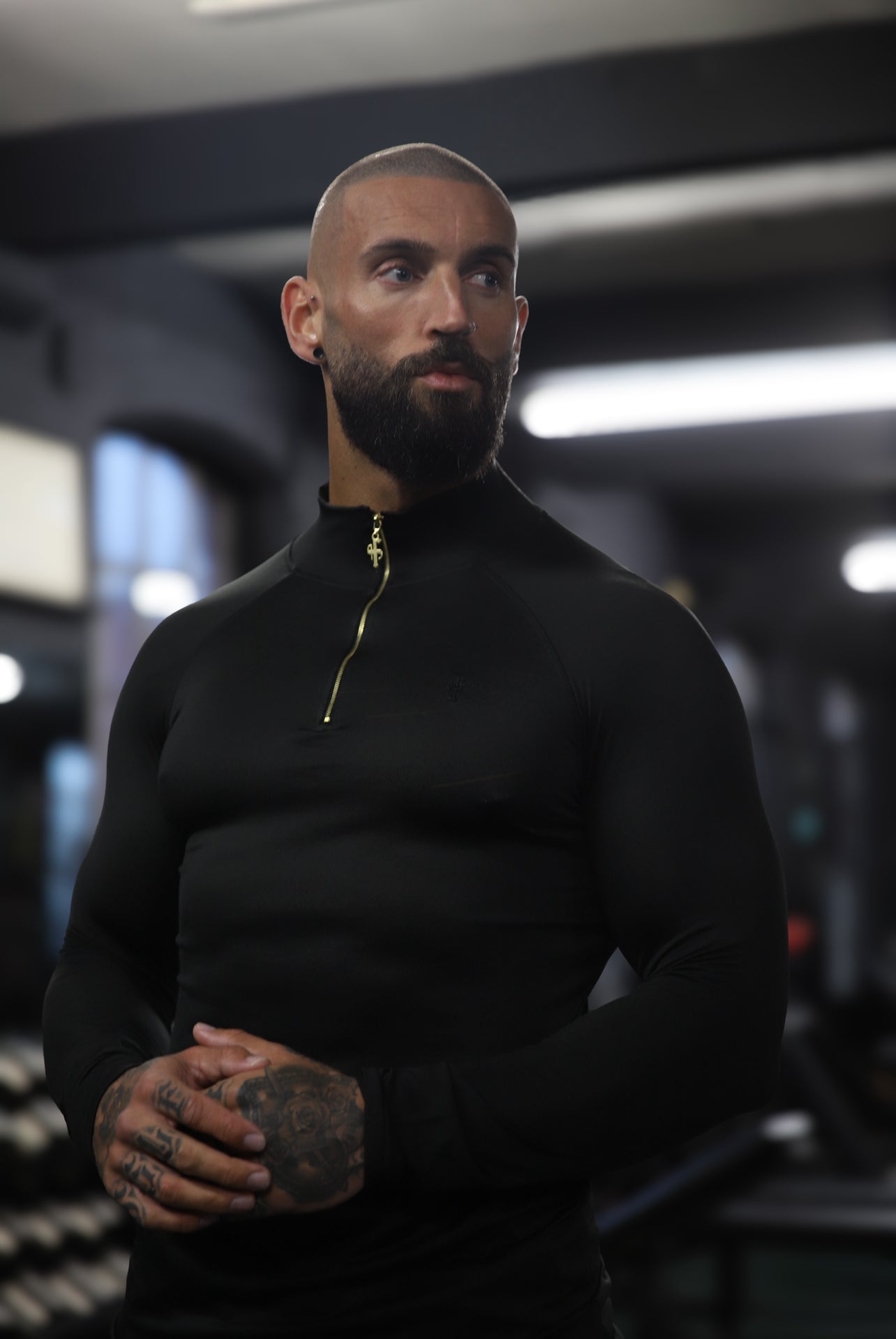 Elevate Your Workout with the Father Sons Solid Black and Gold Half Zip Long Sleeve Gym Top - FSH887