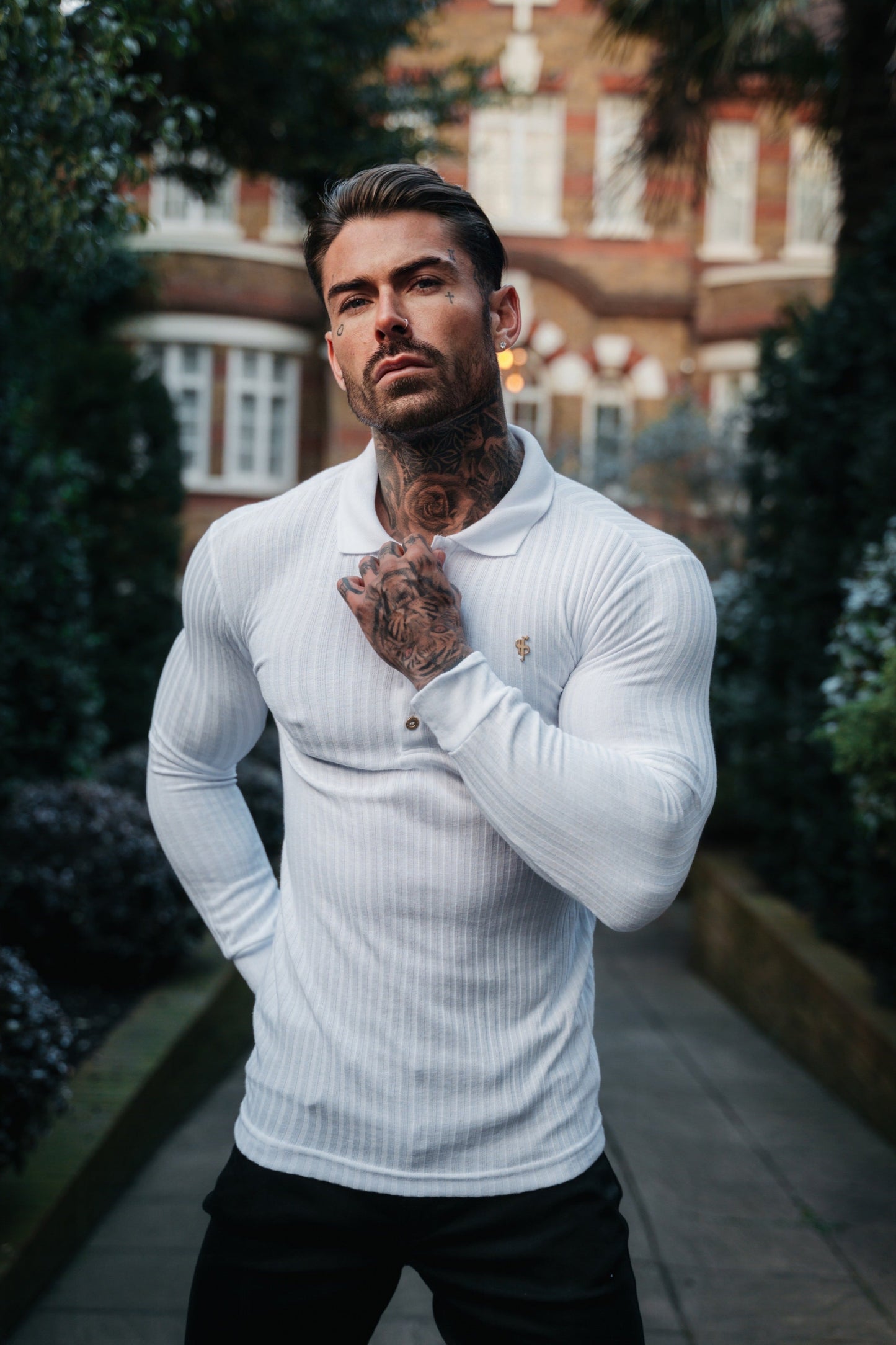 Elevate Your Style with the Father Sons Long Sleeve White Ribbed Polo Shirt Featuring a Stunning Gold Decal - FSH975