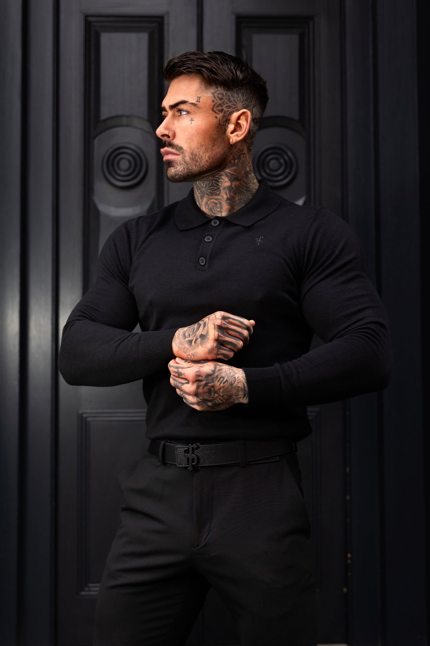 Timeless Elegance: Classic Black Long Sleeve Knitted Polo Jumper for Men with Subtle Tonal FS Embroidery - FSN139