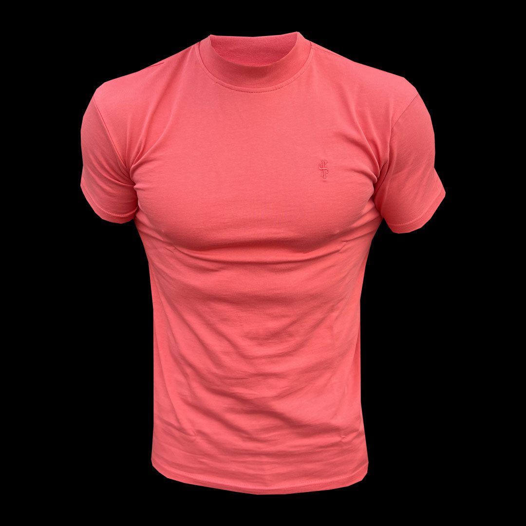 Chic Coral Ribbed High Neck Short Sleeve Top - FSH1143