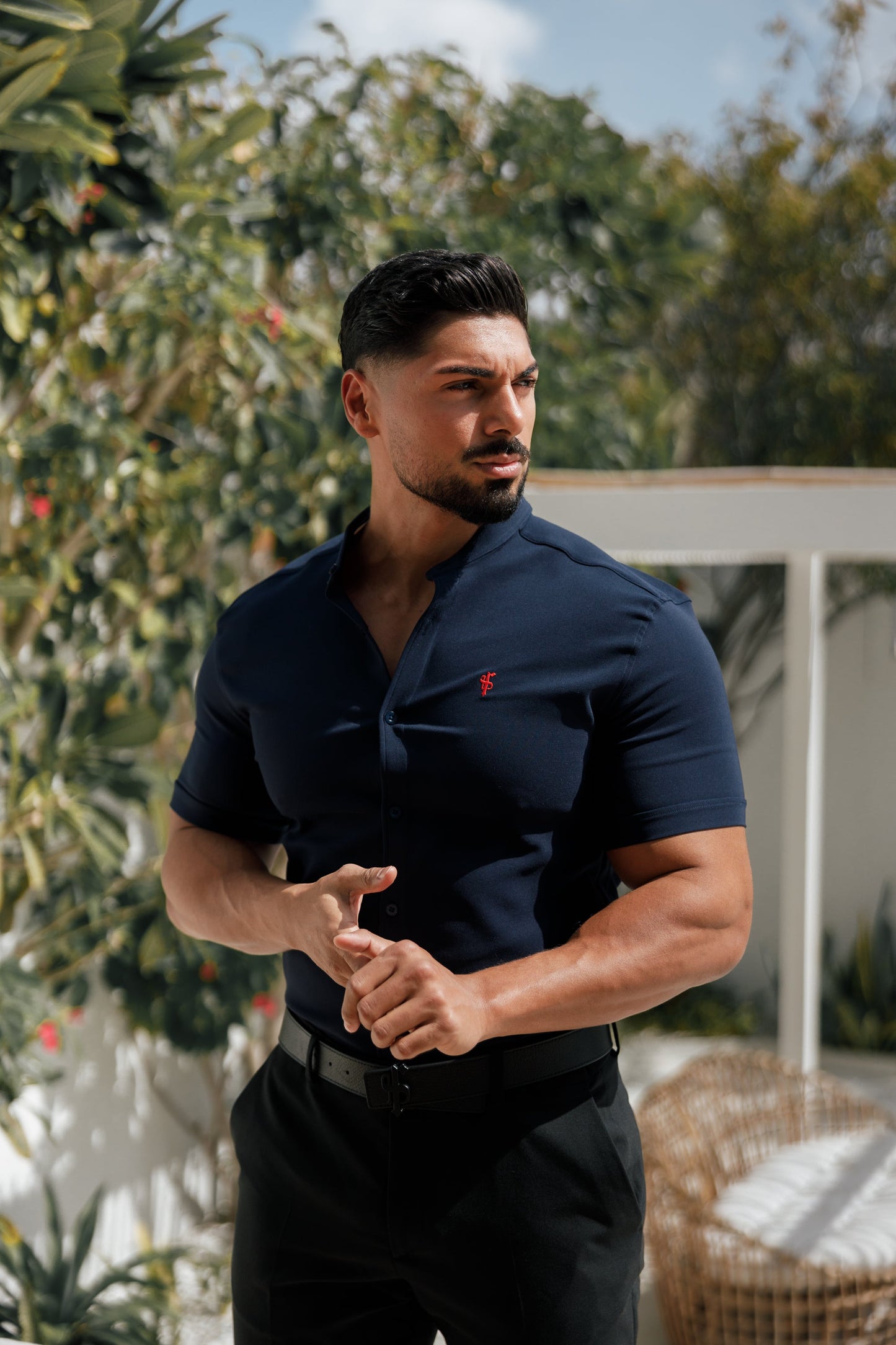 Elevate Your Style with Father Sons Super Slim Navy & Red Stretch Short Sleeve Scuba Shirt Featuring a Trendy Grandad Collar - FS1001