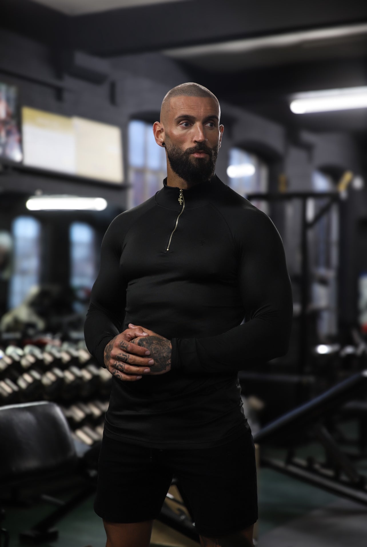 Elevate Your Workout with the Father Sons Solid Black and Gold Half Zip Long Sleeve Gym Top - FSH887