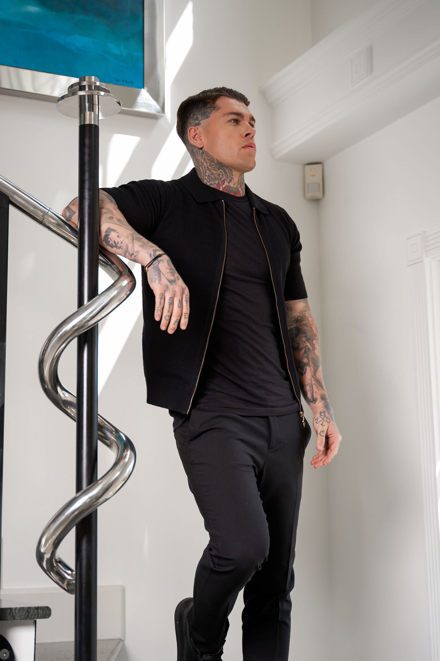 Stylish Black Short Sleeve Zip-Up Knit Sweater with Classic Textured Design - Father Sons Collection - FSN151