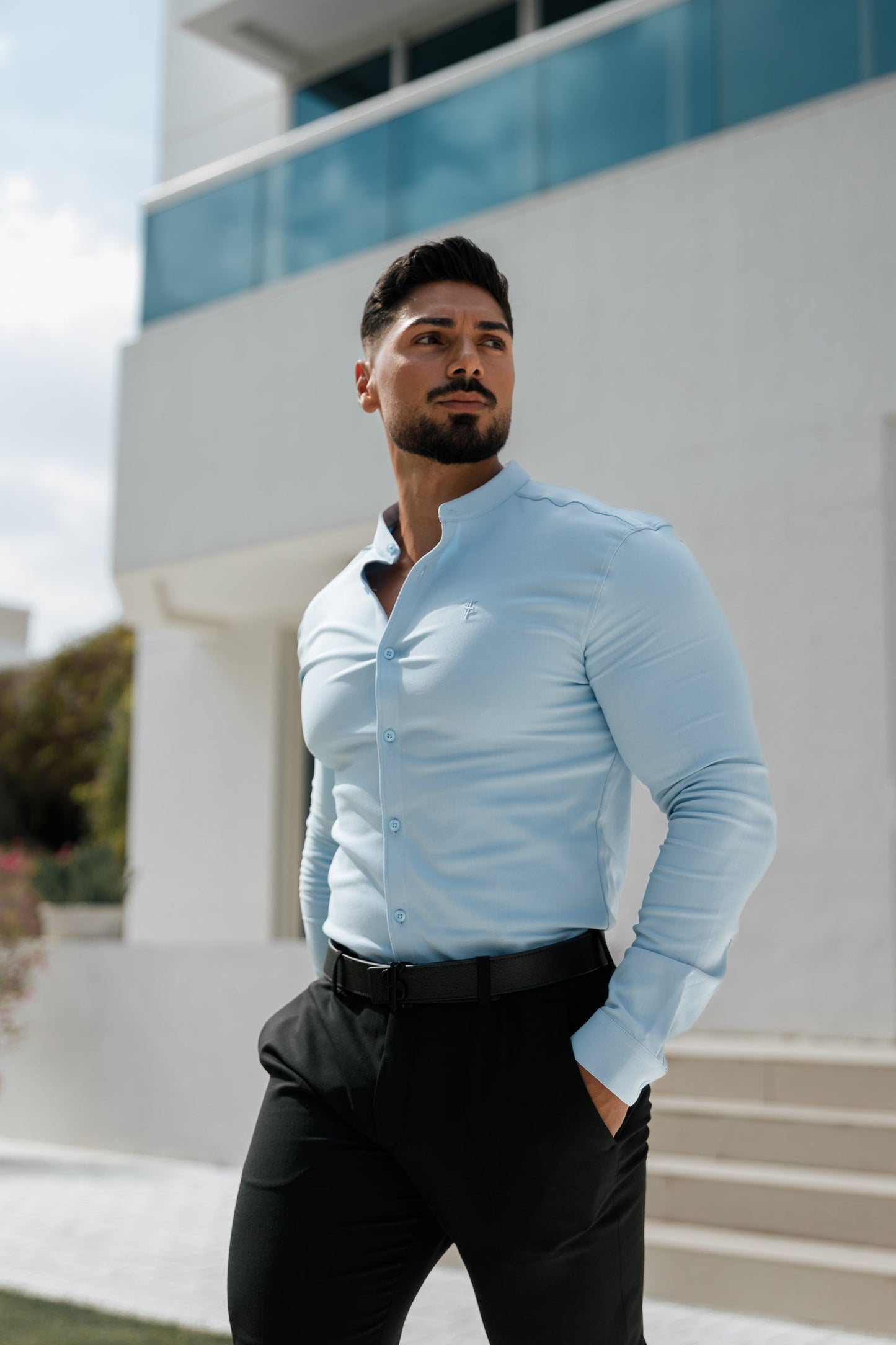 Elevate Your Style with Father Sons Super Slim Light Blue Scuba Stretch Long Sleeve Shirt featuring a Trendy Grandad Collar - FS1002