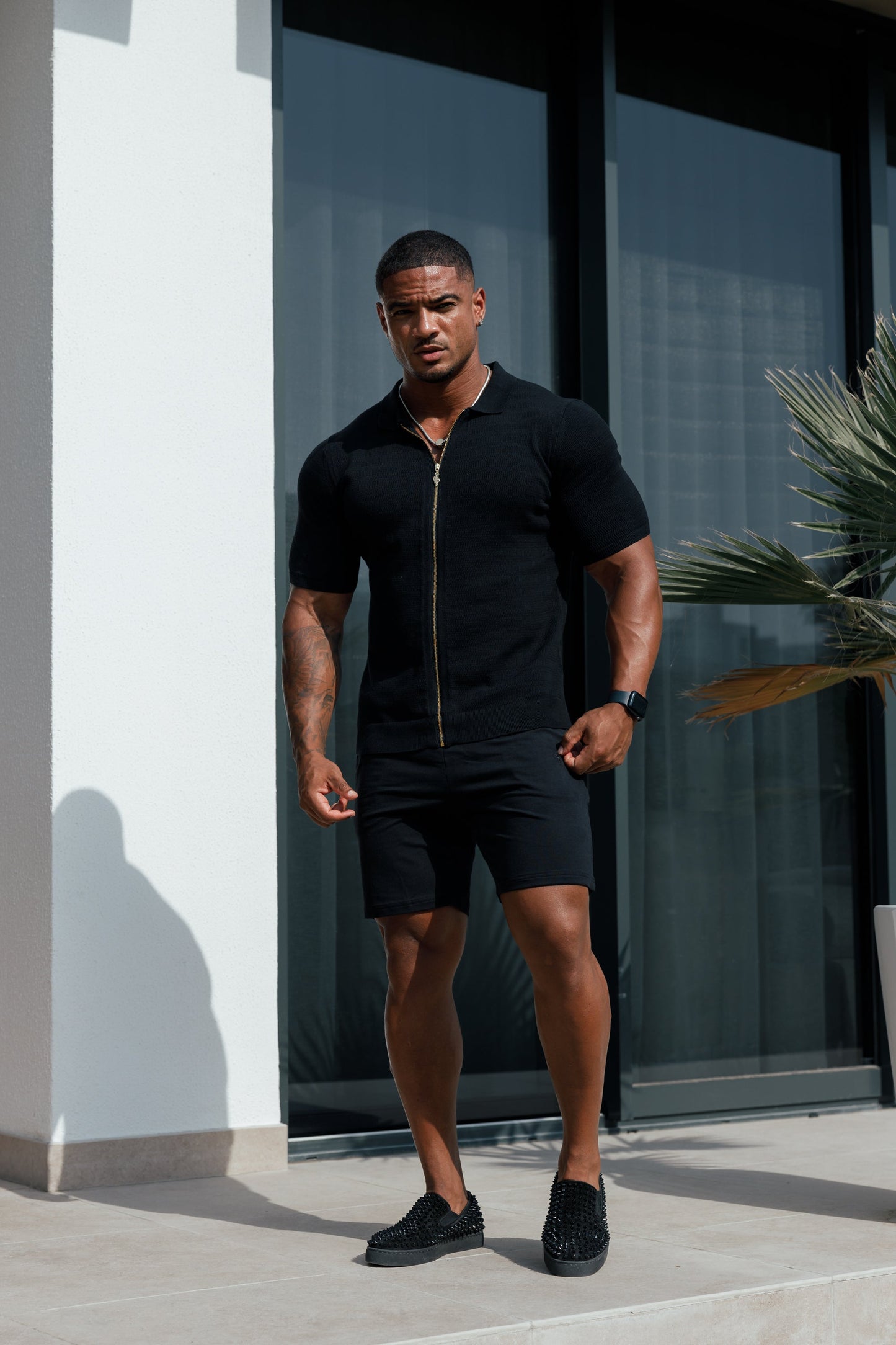 Stylish Black Short Sleeve Zip-Up Knit Sweater with Classic Textured Design - Father Sons Collection - FSN151