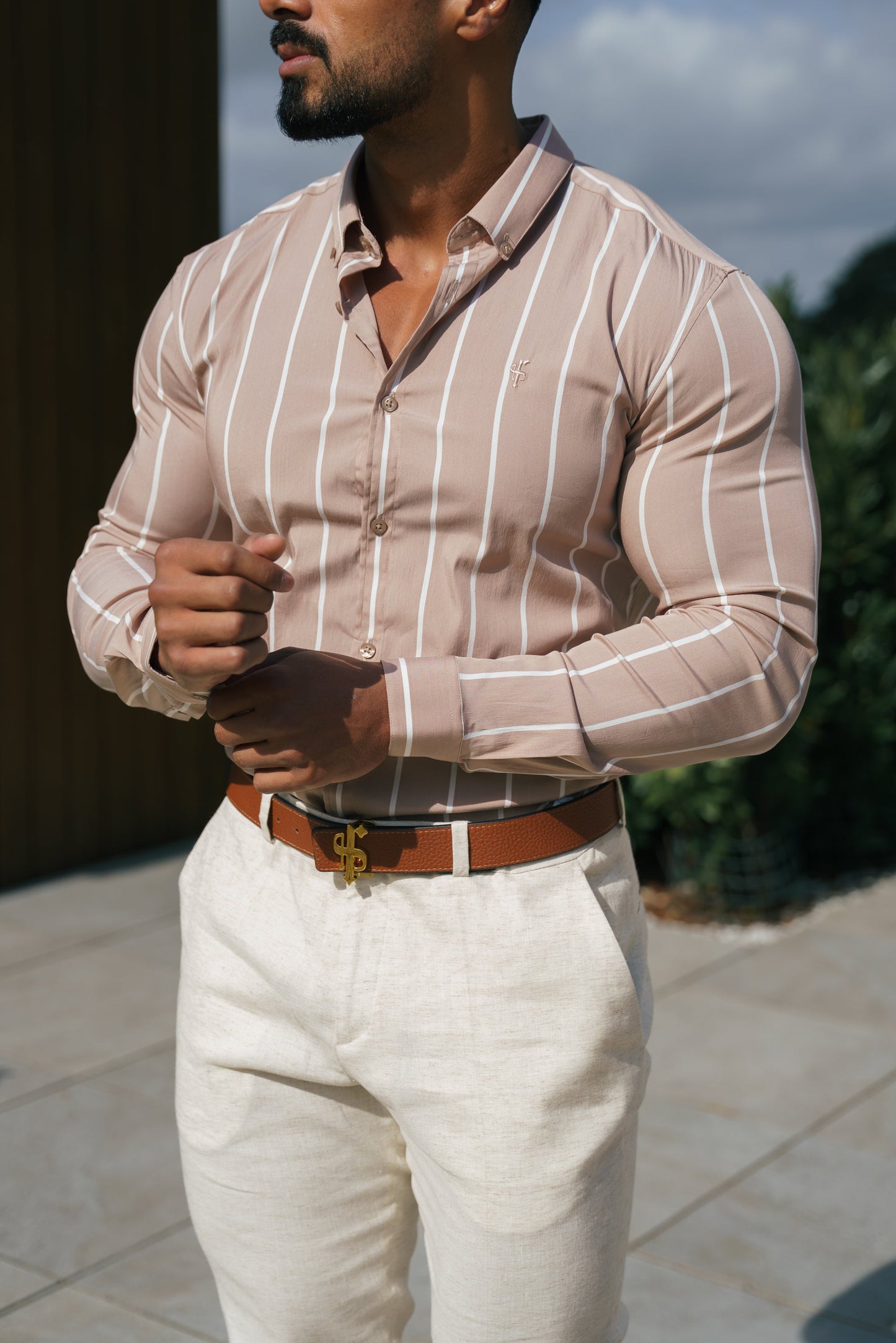 Elevate Your Style: Father Sons Super Slim Stretch Taupe Stripe Long Sleeve Shirt with Button Down Collar - FS1065