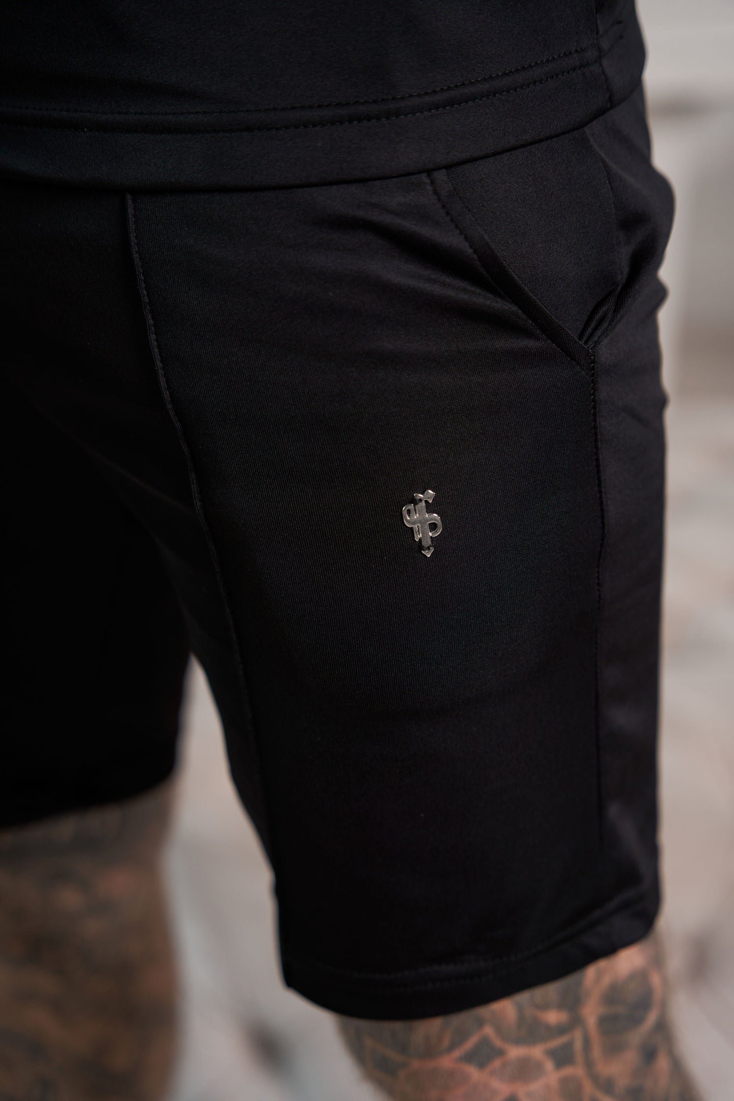 Premium Black & Silver Elastic Drawstring Pintuck Shorts by Father Sons - FSH1039