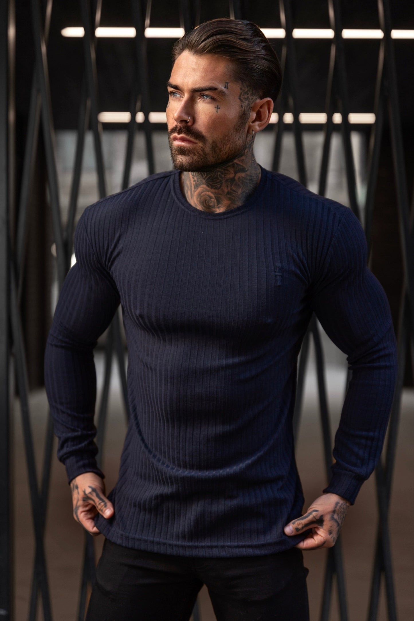 Elevate Your Wardrobe with the Father Sons Classic Navy Ribbed Knit Jumper Featuring Subtle Tonal Embroidery - FSH944